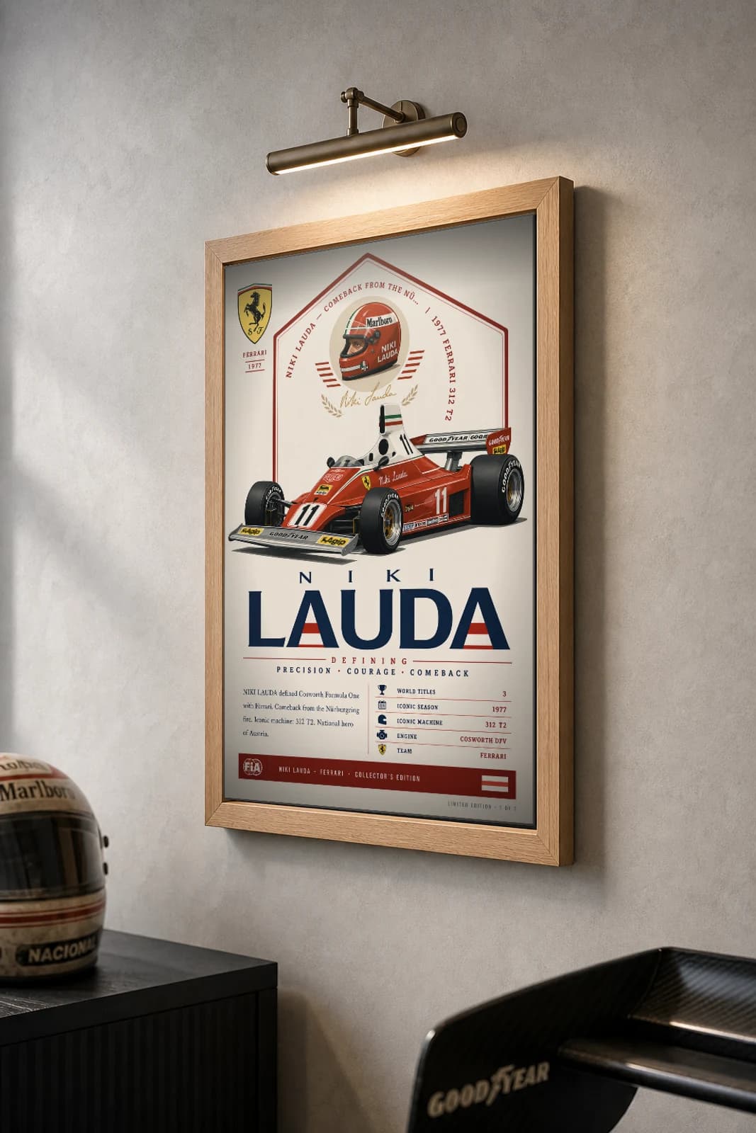 Niki Lauda Poster — 1977 Ferrari 312 T2 Flat-12 F1 Heritage Collector Print — the framed print shown at a three-quarter angle on a styled gallery wall in a natural-oak frame