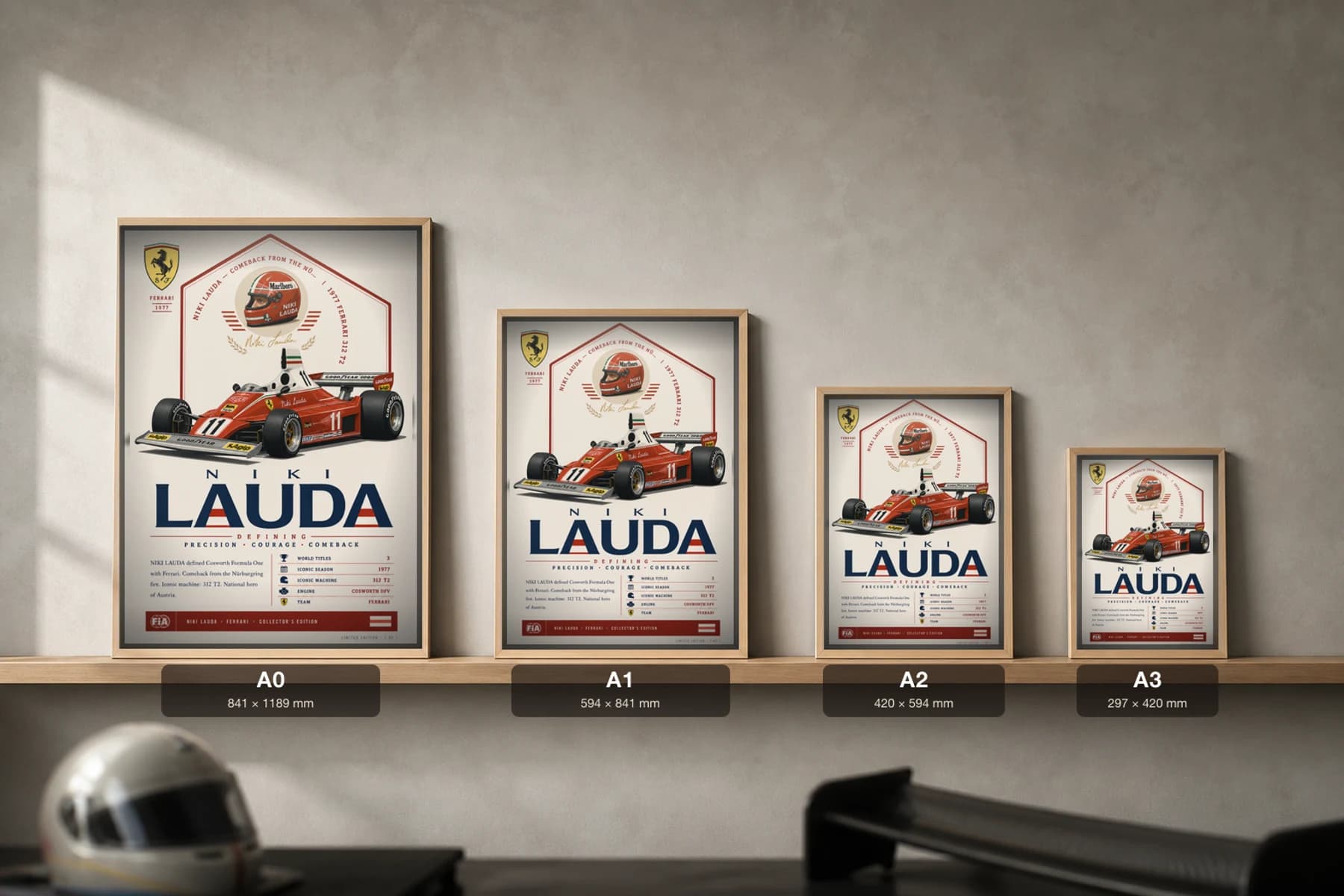 Niki Lauda Poster — 1977 Ferrari 312 T2 Flat-12 F1 Heritage Collector Print — print size guide showing the artwork at A0, A1, A2 and A3 in natural-oak frames at true relative scale