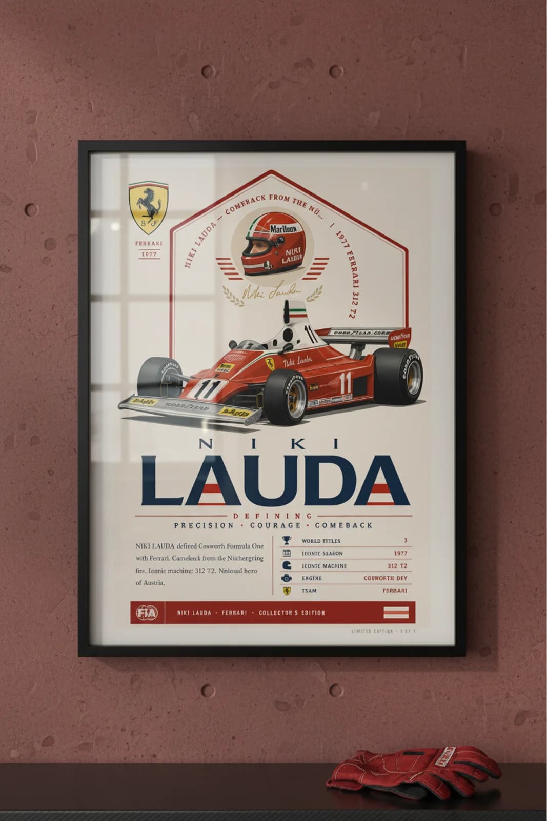 Niki Lauda poster in black A2 frame on rosso-corsa-ferrari polished concrete wall — F1 heritage collector mockup