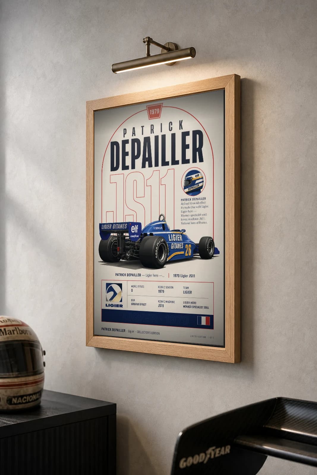 Patrick Depailler Poster — 1979 Ligier JS11 Ground Effect F1 Heritage Collector Print — the framed print shown at a three-quarter angle on a styled gallery wall in a natural-oak frame