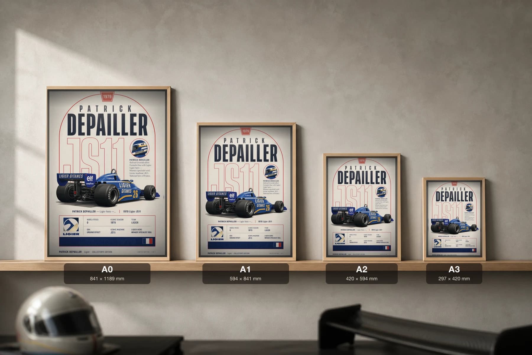 Patrick Depailler Poster — 1979 Ligier JS11 Ground Effect F1 Heritage Collector Print — print size guide showing the artwork at A0, A1, A2 and A3 in natural-oak frames at true relative scale