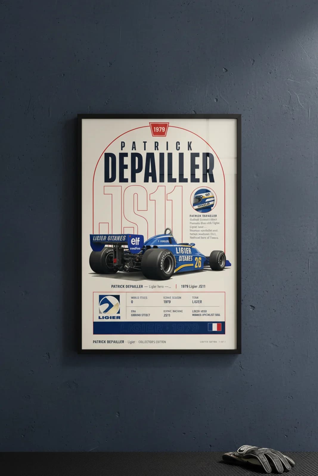 Patrick Depailler poster in black A2 frame on navy-depailler-type polished concrete wall — F1 heritage collector mockup