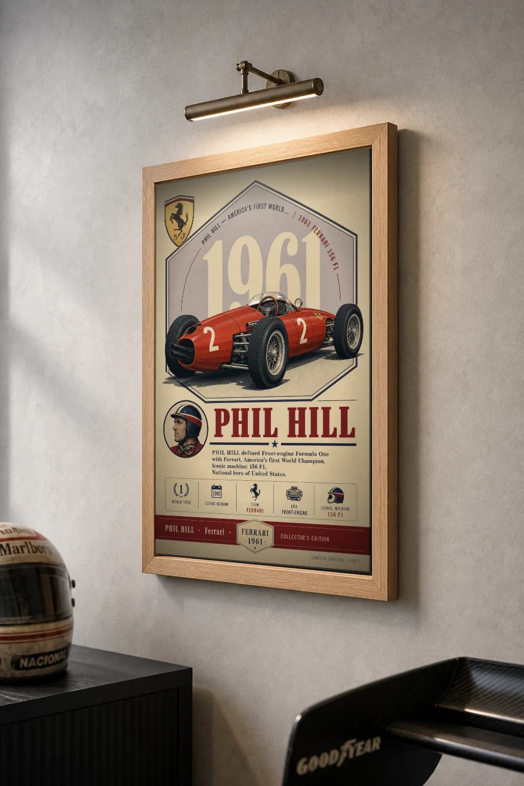 Phil Hill Poster — 1961 Ferrari 156 F1 Sharknose F1 Heritage Collector Print — the framed print shown at a three-quarter angle on a styled gallery wall in a natural-oak frame