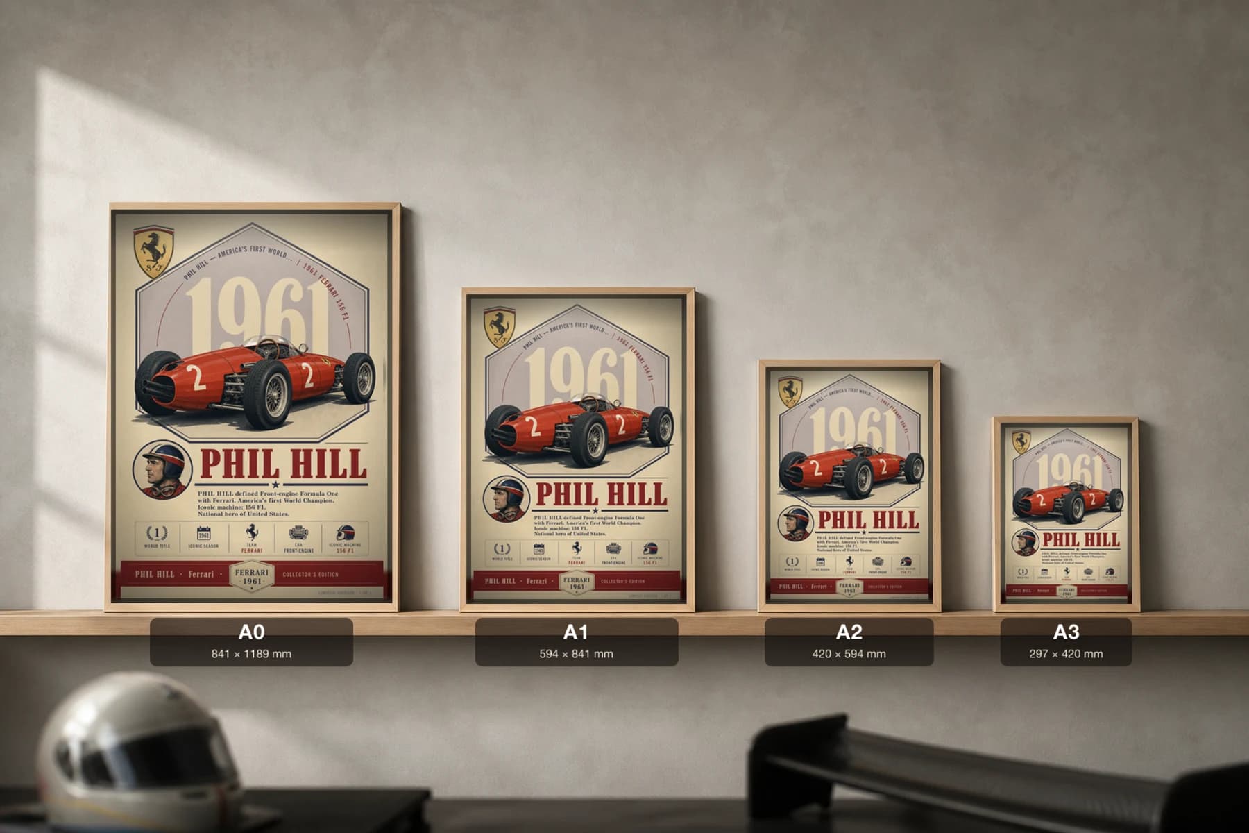 Phil Hill Poster — 1961 Ferrari 156 F1 Sharknose F1 Heritage Collector Print — print size guide showing the artwork at A0, A1, A2 and A3 in natural-oak frames at true relative scale