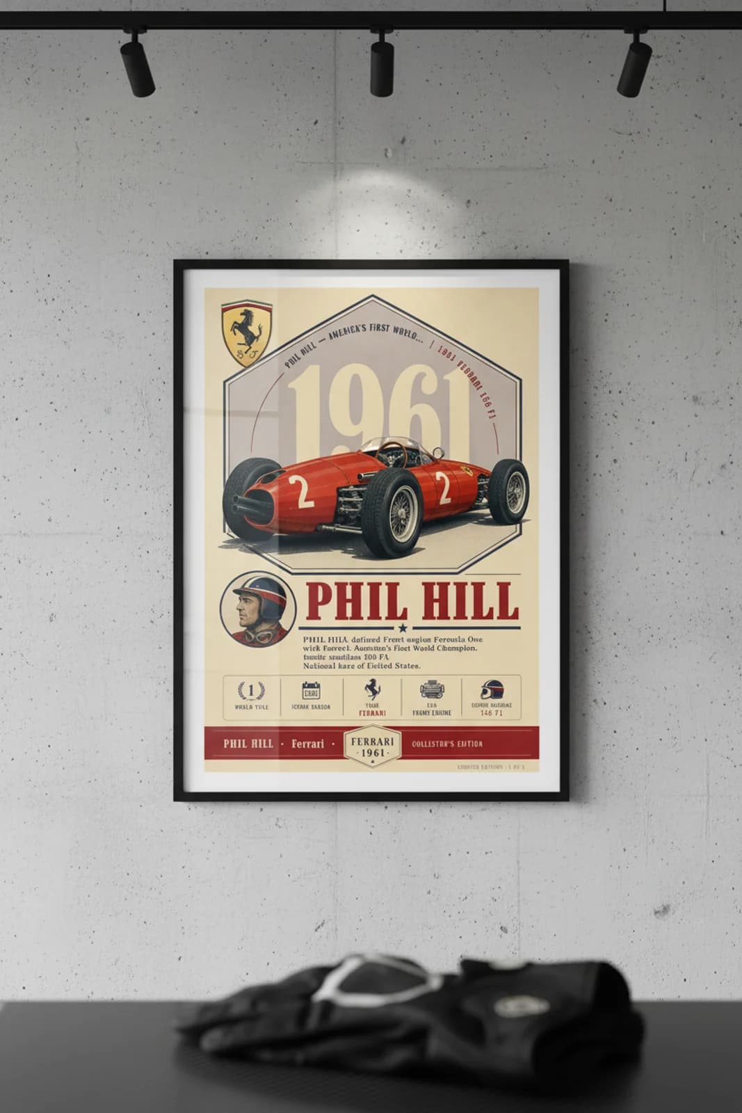 Phil Hill poster in black A2 frame on ferrari-rosso-corsa polished concrete wall — F1 heritage collector mockup