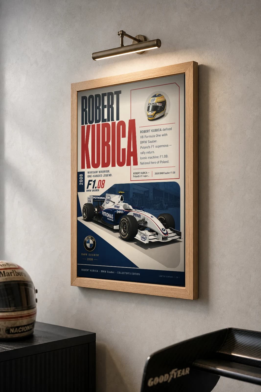 Robert Kubica Poster — 2008 BMW Sauber F1.08 V8 F1 Heritage Collector Print — the framed print shown at a three-quarter angle on a styled gallery wall in a natural-oak frame