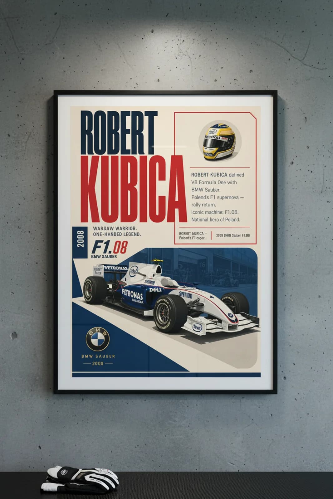 Robert Kubica poster in black A2 frame on dark-navy-robert-type polished concrete wall — F1 heritage collector mockup