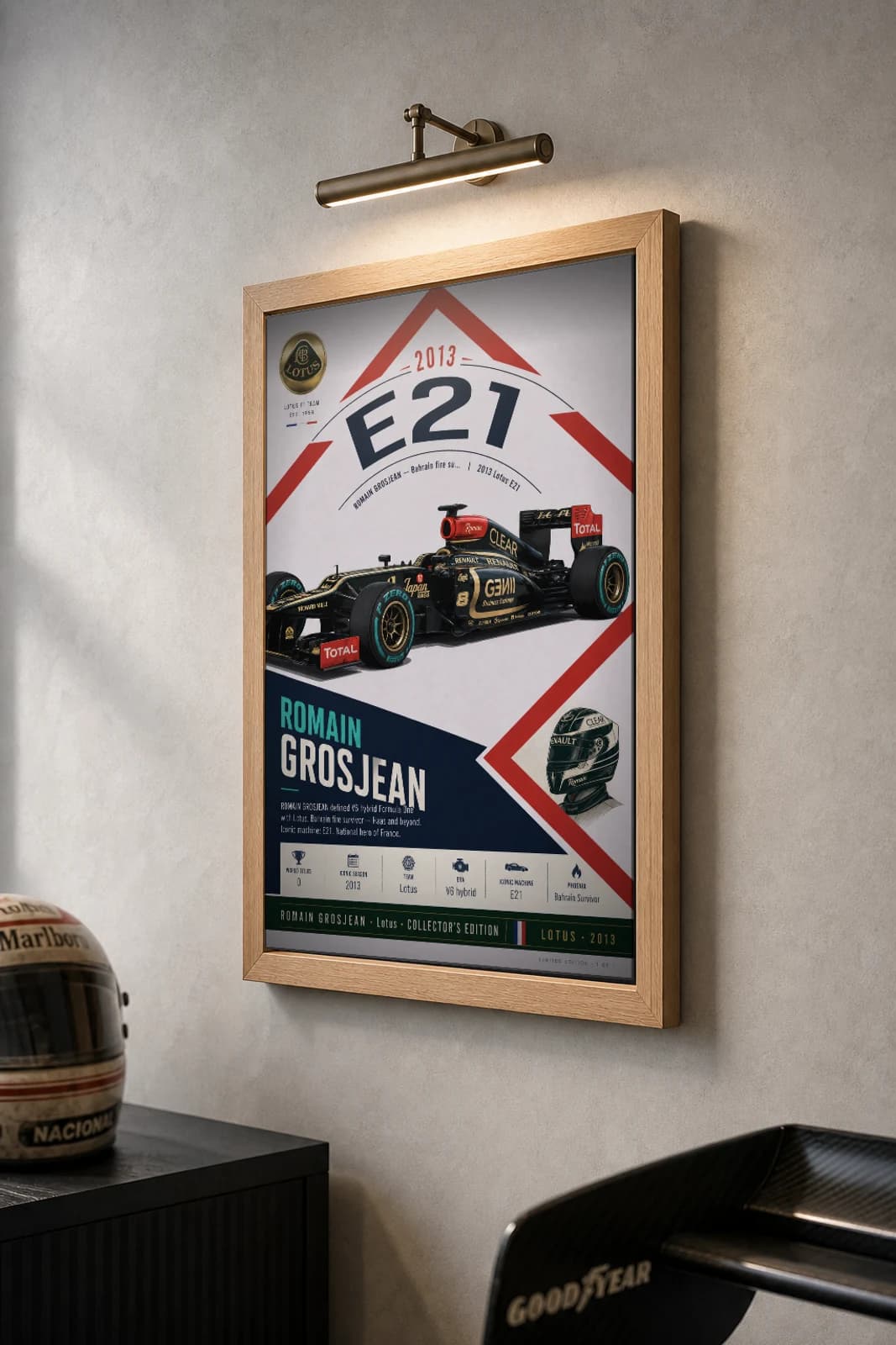 Romain Grosjean Poster — 2013 Lotus E21 V6 Hybrid F1 Heritage Collector Print — the framed print shown at a three-quarter angle on a styled gallery wall in a natural-oak frame