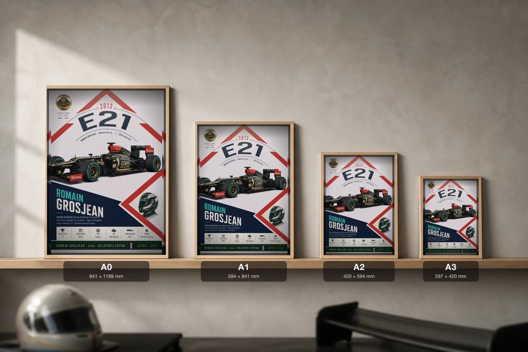 Romain Grosjean Poster — 2013 Lotus E21 V6 Hybrid F1 Heritage Collector Print — print size guide showing the artwork at A0, A1, A2 and A3 in natural-oak frames at true relative scale