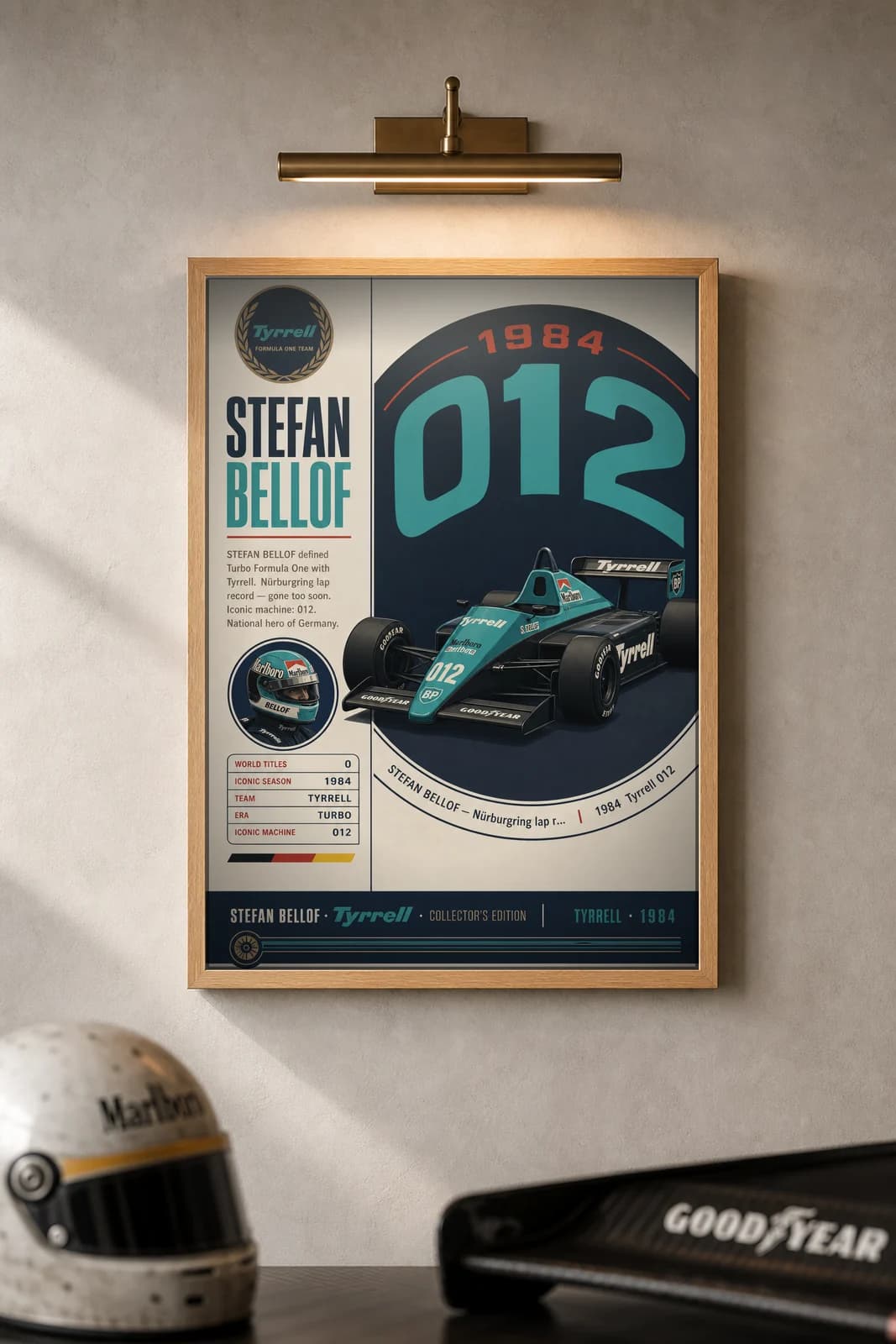 Stefan Bellof poster in black A2 frame on tyrrell-teal-black polished concrete wall — F1 heritage collector mockup