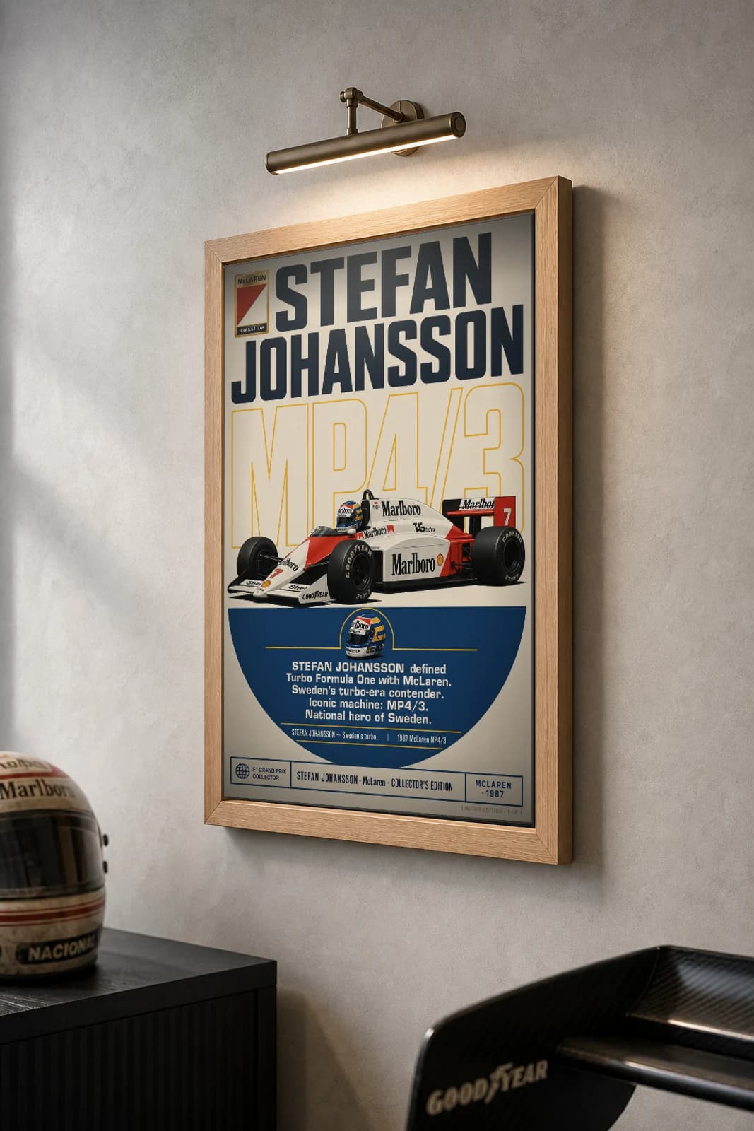 Stefan Johansson Poster — 1987 McLaren MP4/3 Turbo F1 Heritage Collector Print — the framed print shown at a three-quarter angle on a styled gallery wall in a natural-oak frame