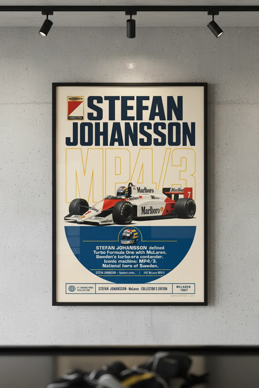 Stefan Johansson poster in black A2 frame on marlboro-red-white polished concrete wall — F1 heritage collector mockup
