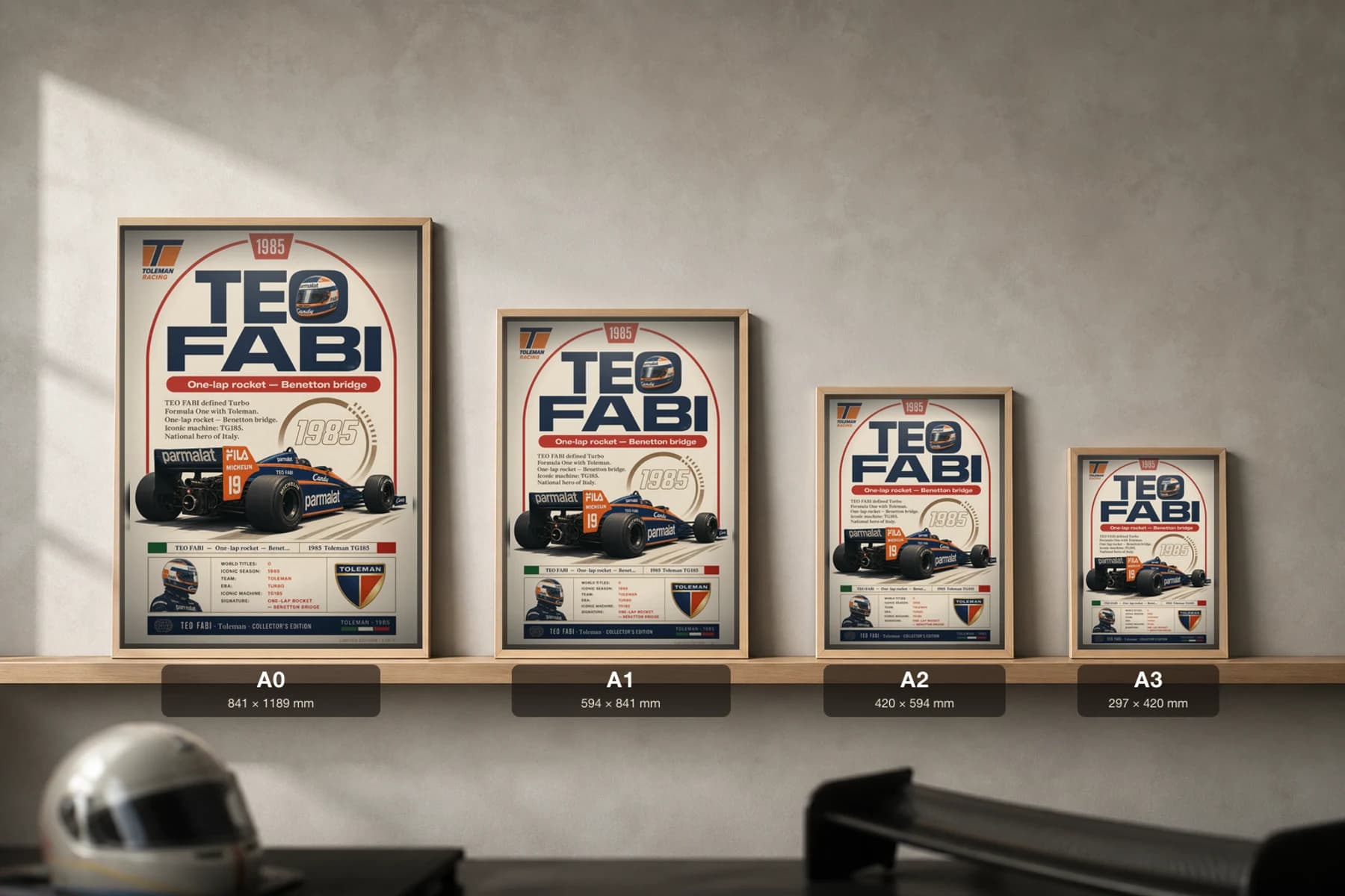 Teo Fabi Poster — 1985 Toleman TG185 Turbo F1 Heritage Collector Print — print size guide showing the artwork at A0, A1, A2 and A3 in natural-oak frames at true relative scale