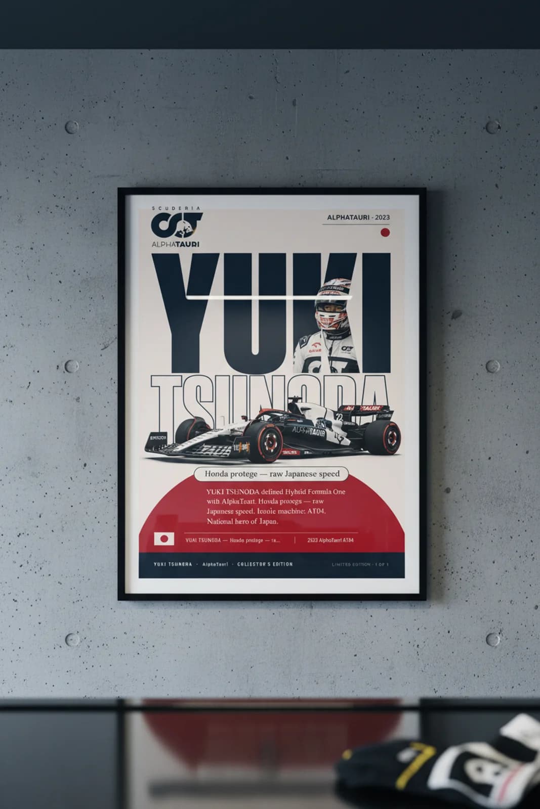 Yuki Tsunoda poster in black A2 frame on alphatauri-navy-white polished concrete wall — F1 heritage collector mockup