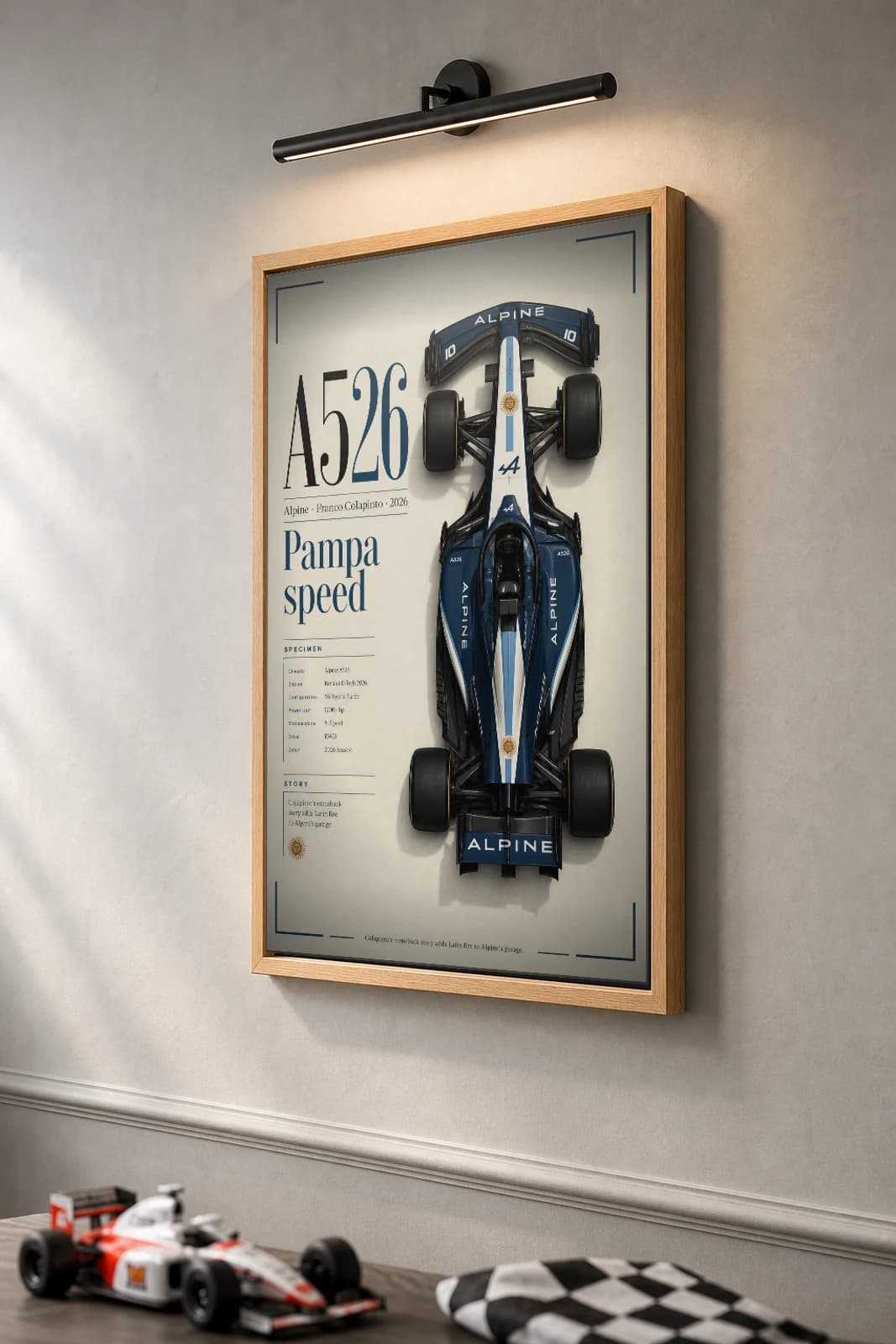 Alpine F1 Team A526 — Franco Colapinto Poster — undefined F1 Grid Editorial Wall Art · framed A2 — the framed print shown at a three-quarter angle on a styled gallery wall in a natural-oak frame