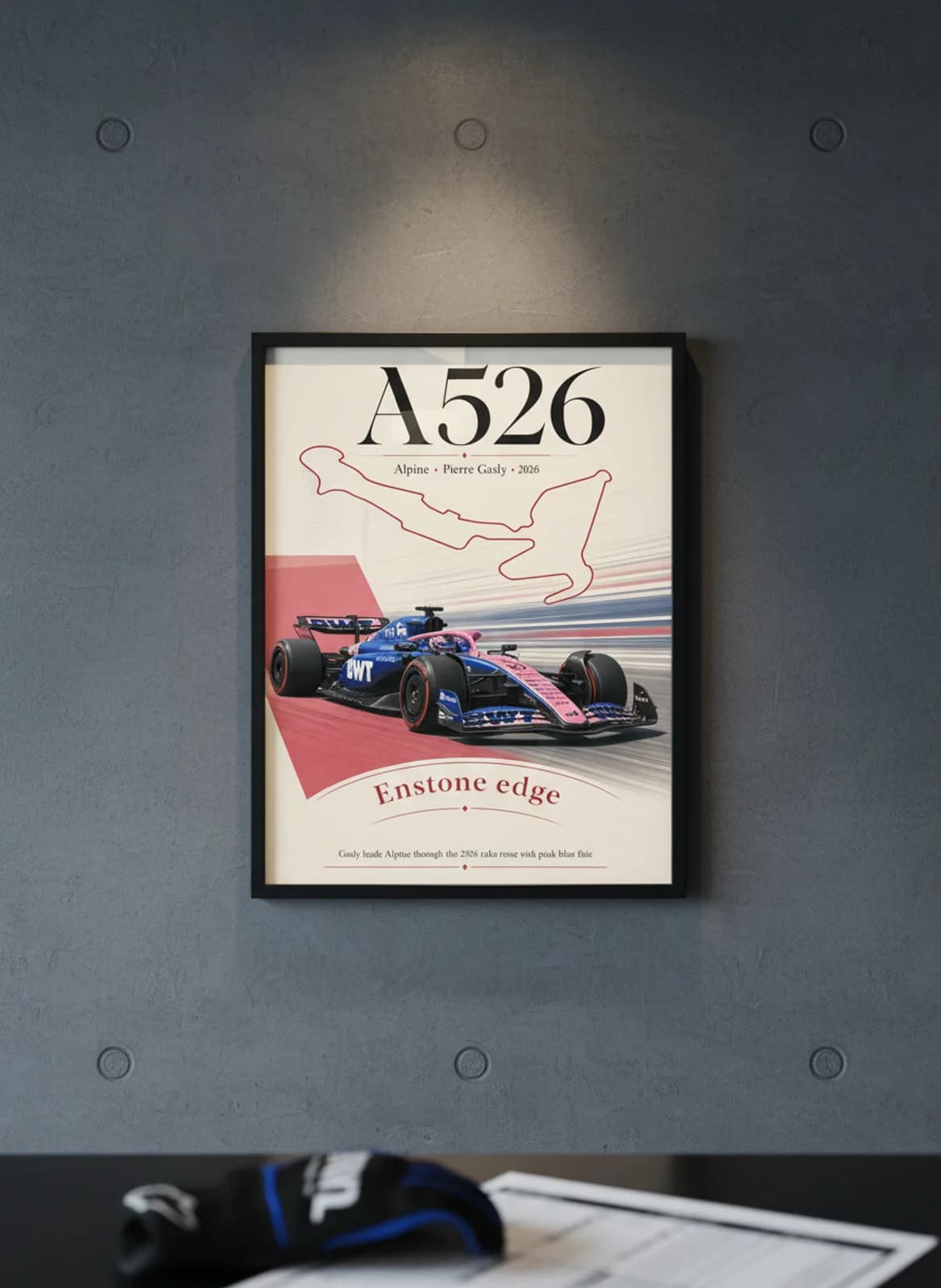 Pierre Gasly — A526 F1 Grid print in black A2 frame on alpine-blue editorial-slate wall — Formula 1 media room mockup