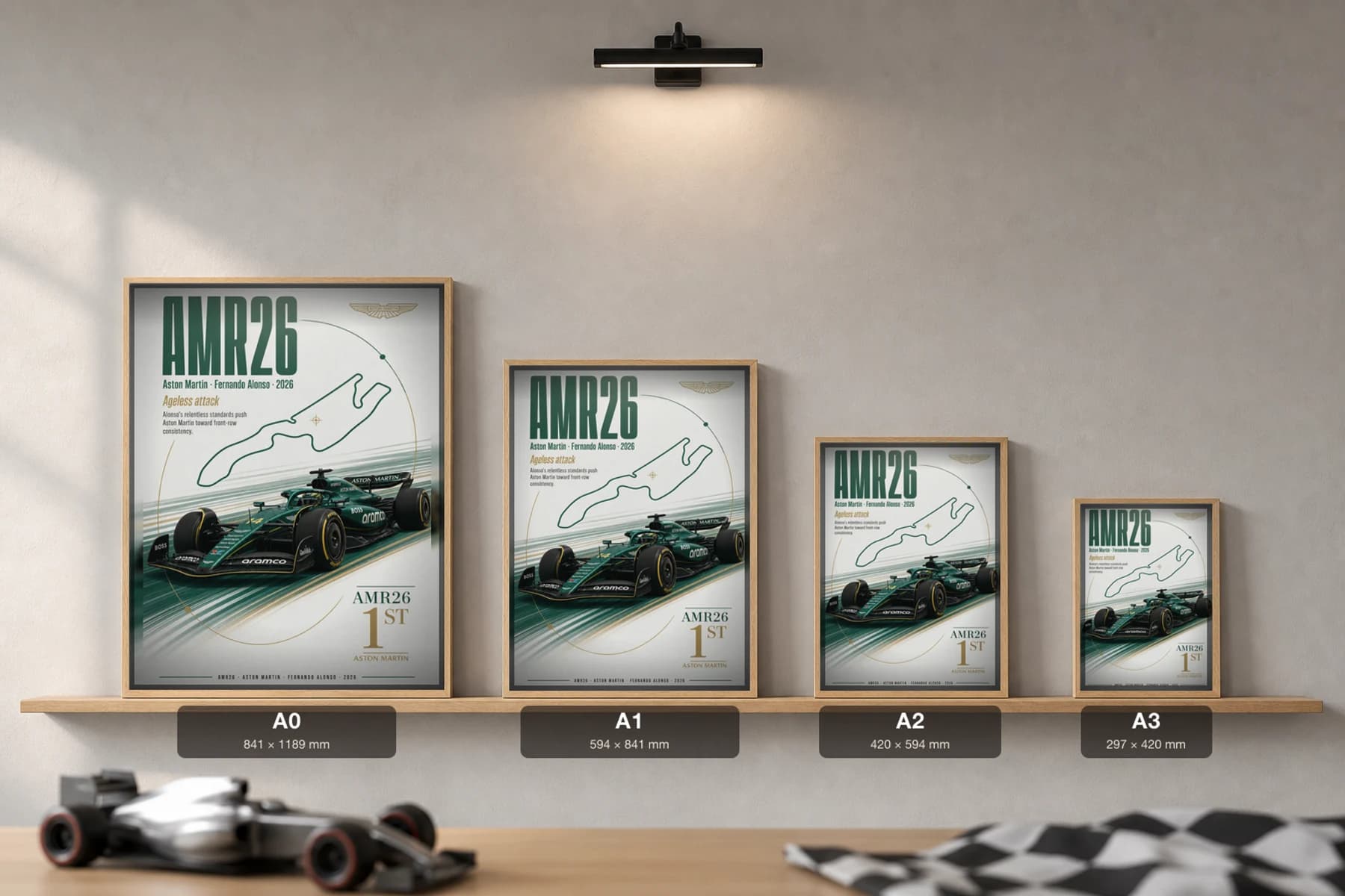 Aston Martin AMR26 — Fernando Alonso Poster — undefined F1 Grid Editorial Wall Art · framed A2 — print size guide showing the artwork at A0, A1, A2 and A3 in natural-oak frames at true relative scale