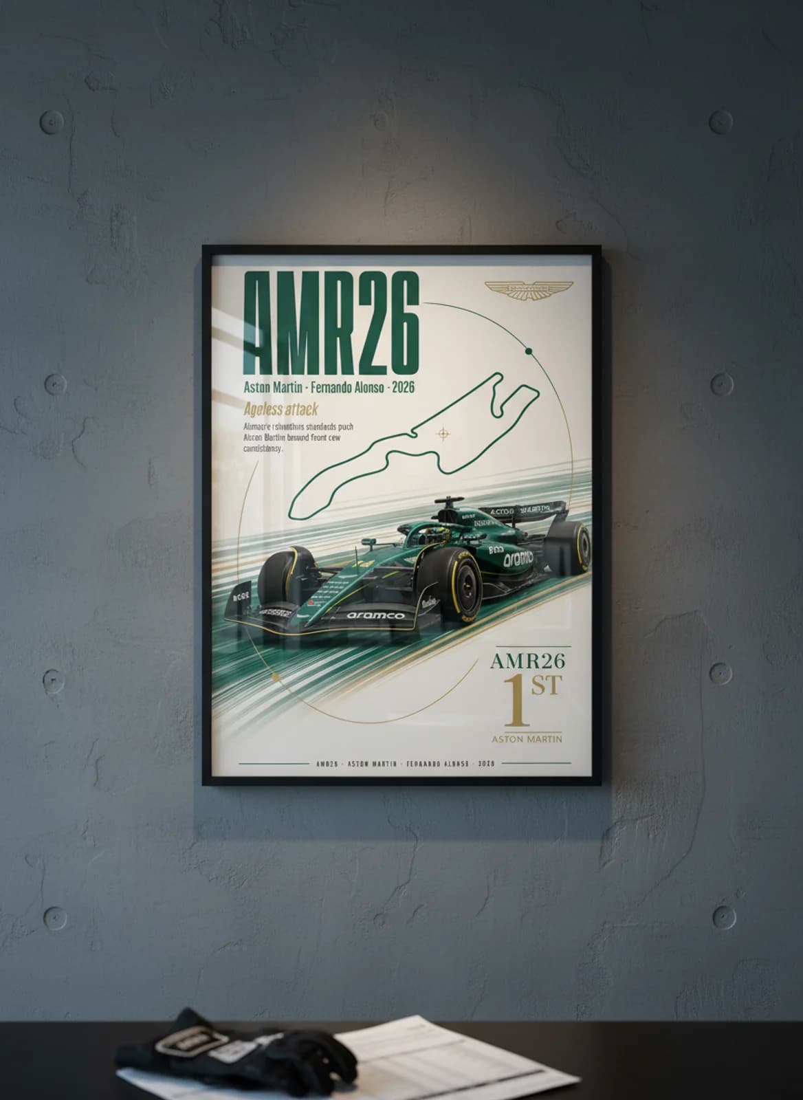Fernando Alonso — AMR26 F1 Grid print in black A2 frame on aston-green editorial-slate wall — Formula 1 media room mockup