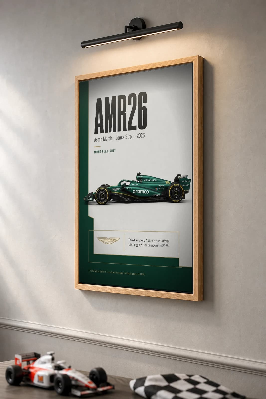 Aston Martin AMR26 — Lance Stroll Poster — undefined F1 Grid Editorial Wall Art · framed A2 — the framed print shown at a three-quarter angle on a styled gallery wall in a natural-oak frame