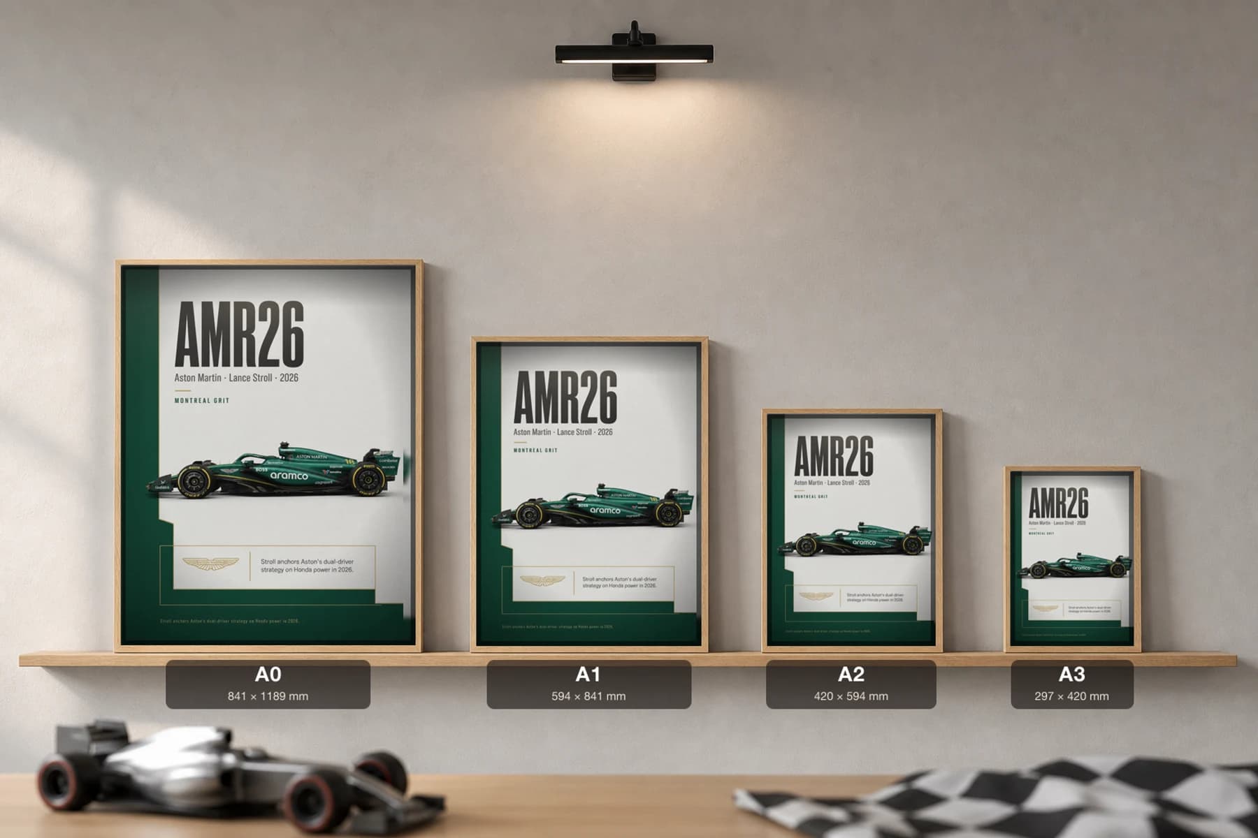 Aston Martin AMR26 — Lance Stroll Poster — undefined F1 Grid Editorial Wall Art · framed A2 — print size guide showing the artwork at A0, A1, A2 and A3 in natural-oak frames at true relative scale