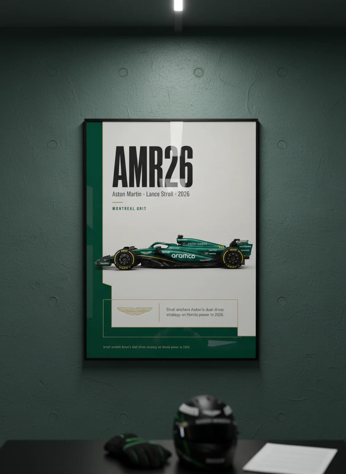 Lance Stroll — AMR26 F1 Grid print in black A2 frame on aston-green editorial-slate wall — Formula 1 media room mockup