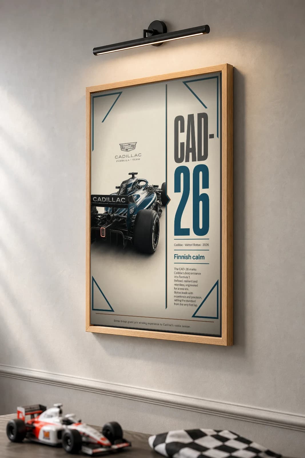 Cadillac F1 Team CAD-26 — Valtteri Bottas Poster — undefined F1 Grid Editorial Wall Art · framed A2 — the framed print shown at a three-quarter angle on a styled gallery wall in a natural-oak frame