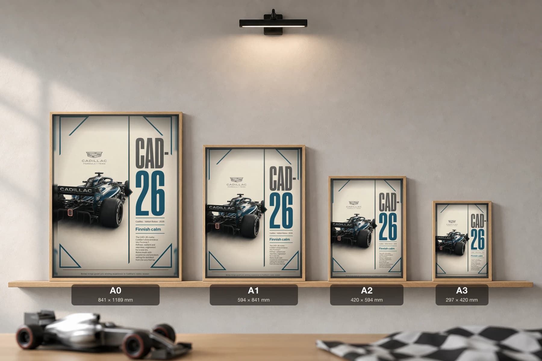 Cadillac F1 Team CAD-26 — Valtteri Bottas Poster — undefined F1 Grid Editorial Wall Art · framed A2 — print size guide showing the artwork at A0, A1, A2 and A3 in natural-oak frames at true relative scale
