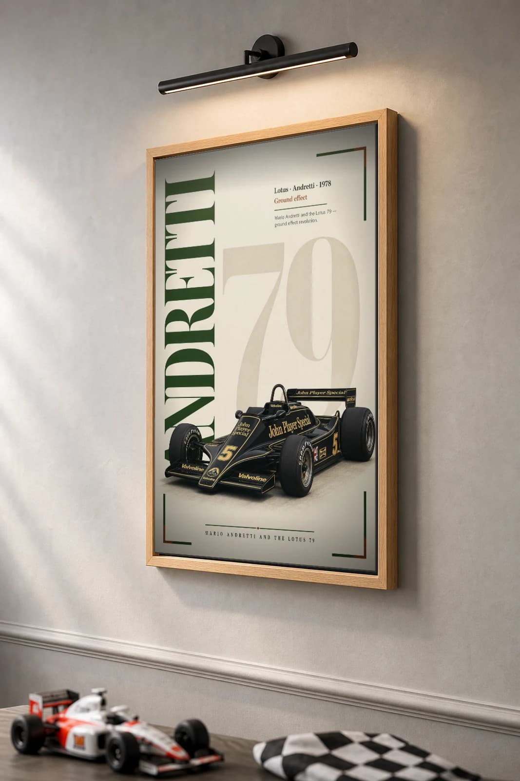 Mario Andretti — Mario Andretti — classic Lotus 78 heritage plate Poster — 78 F1 Grid Editorial Wall Art · framed A2 — the framed print shown at a three-quarter angle on a styled gallery wall in a natural-oak frame