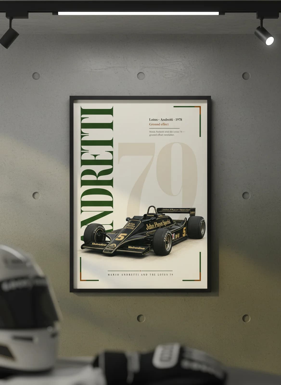 Mario Andretti — Classic F1 Grid print in black A2 frame on lotus-green-gold editorial-slate wall — Formula 1 media room mockup