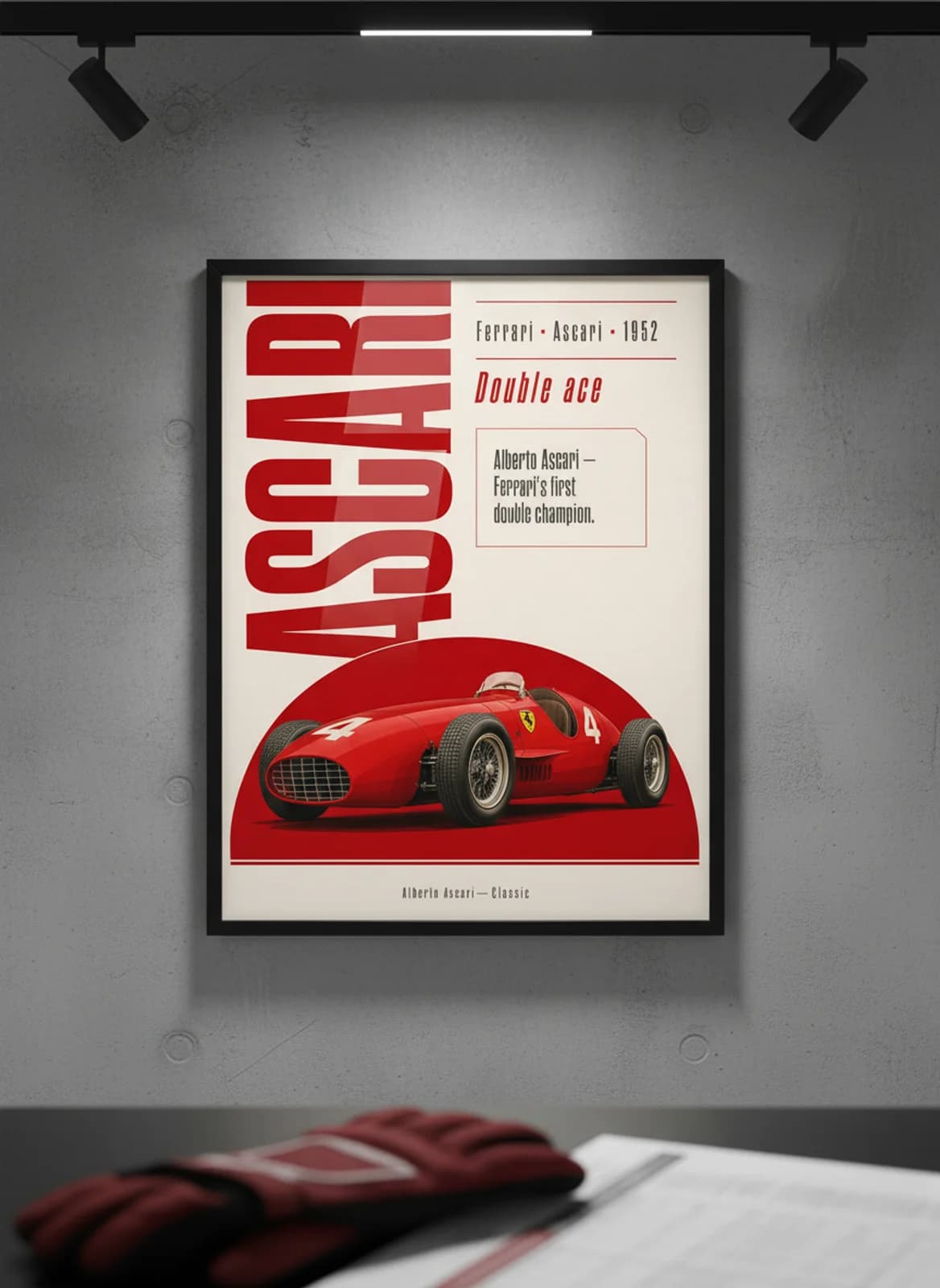 Alberto Ascari — Classic F1 Grid print in black A2 frame on rosso-corsa editorial-slate wall — Formula 1 media room mockup