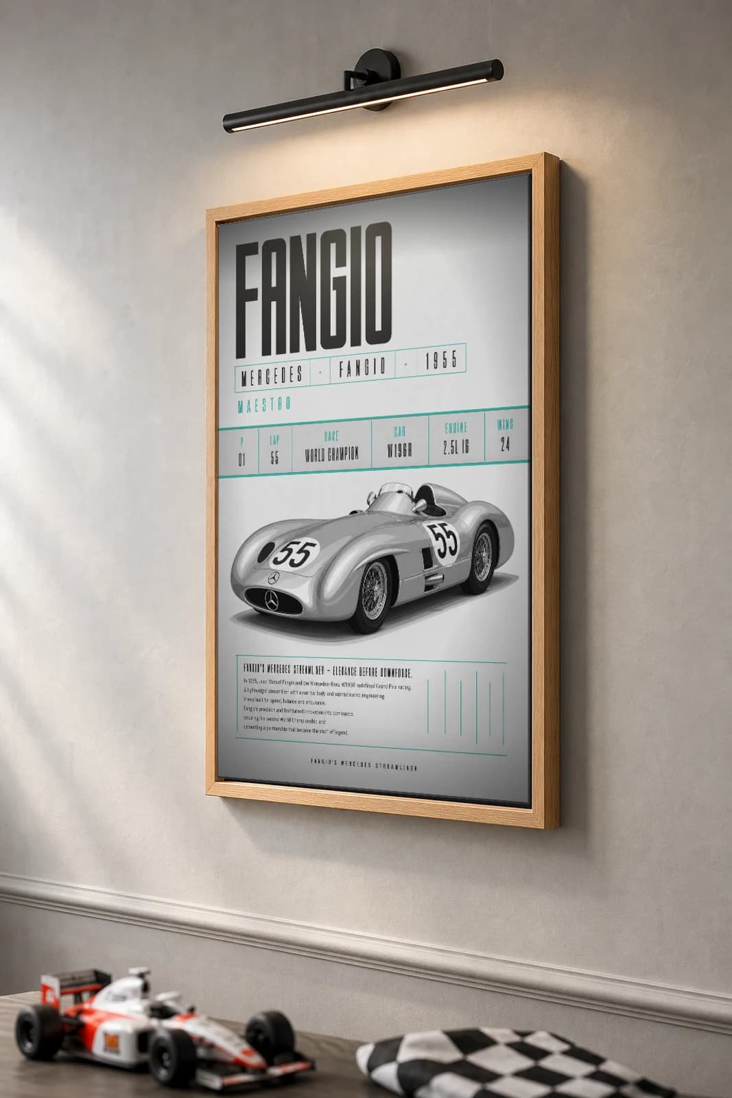 Juan Manuel Fangio — Juan Manuel Fangio — classic Mercedes-AMG Petronas 55 heritage plate Poster — 55 F1 Grid Editorial Wall Art · framed A2 — the framed print shown at a three-quarter angle on a styled gallery wall in a natural-oak frame