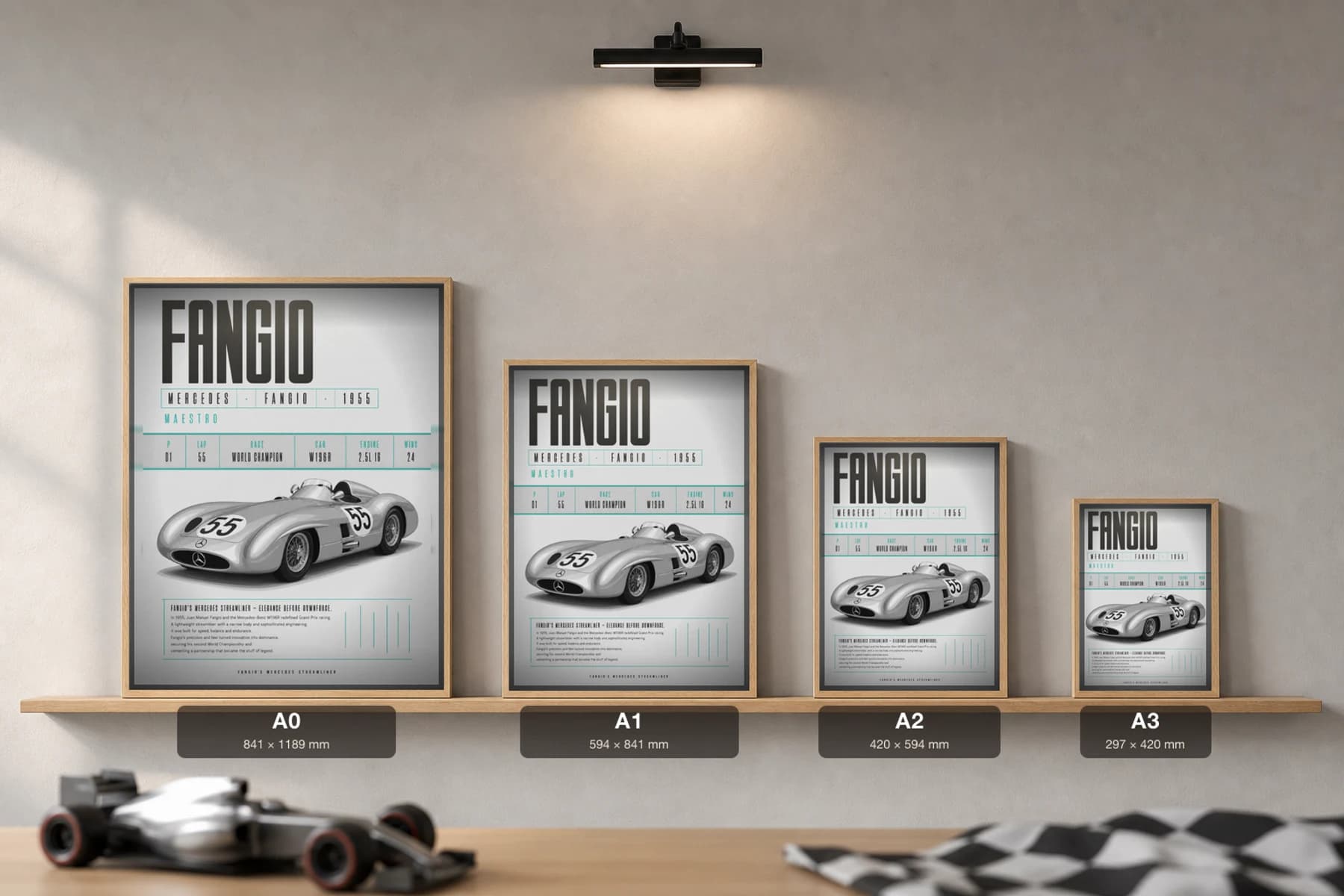 Juan Manuel Fangio — Juan Manuel Fangio — classic Mercedes-AMG Petronas 55 heritage plate Poster — 55 F1 Grid Editorial Wall Art · framed A2 — print size guide showing the artwork at A0, A1, A2 and A3 in natural-oak frames at true relative scale