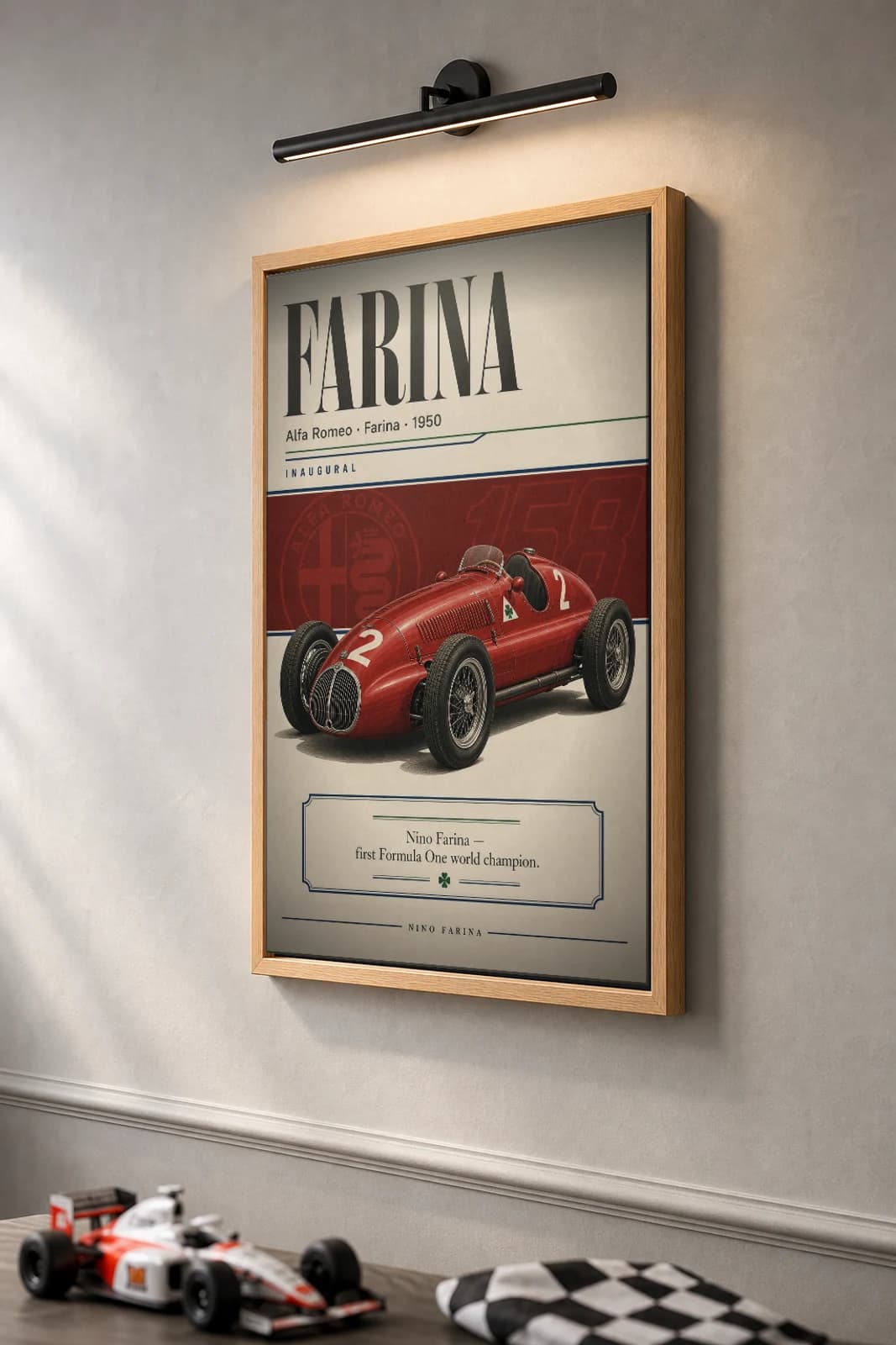 Giuseppe Farina — Giuseppe Farina — classic Alfa Romeo 50 heritage plate Poster — 50 F1 Grid Editorial Wall Art · framed A2 — the framed print shown at a three-quarter angle on a styled gallery wall in a natural-oak frame