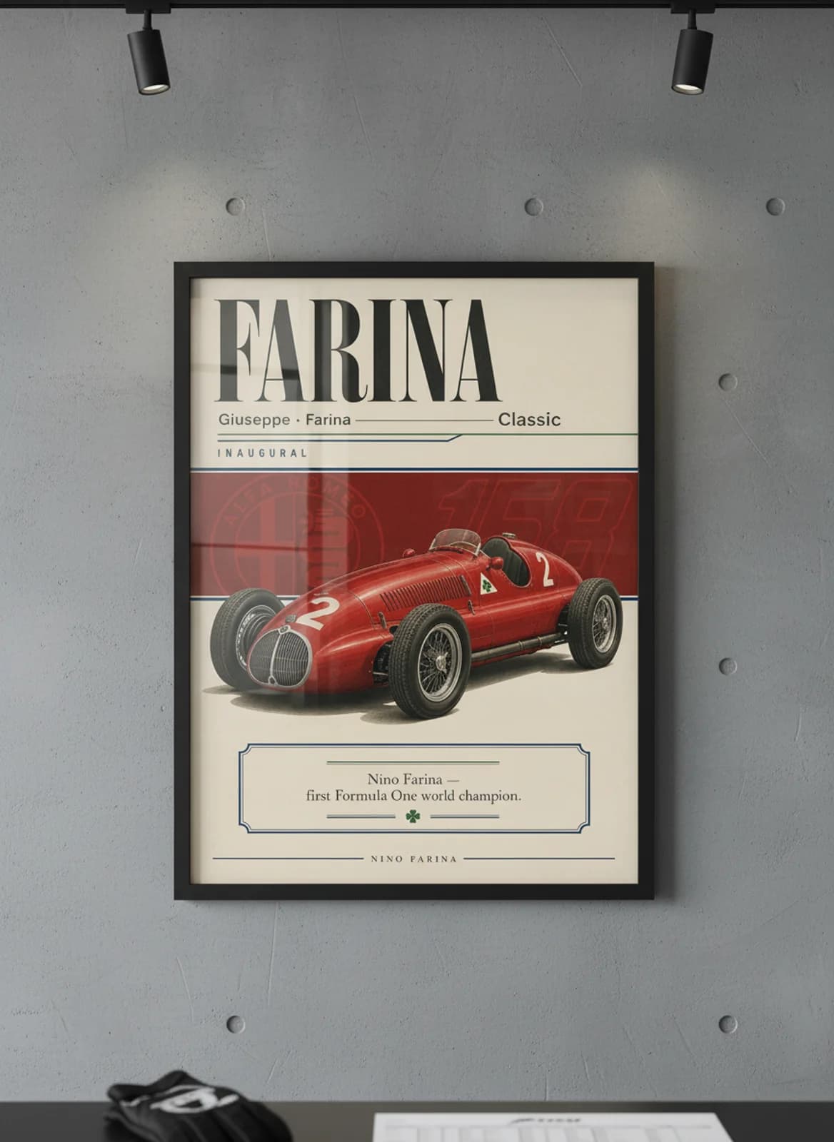 Giuseppe Farina — Classic F1 Grid print in black A2 frame on alfa-red editorial-slate wall — Formula 1 media room mockup