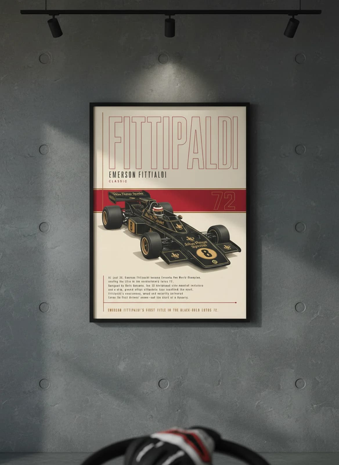 Emerson Fittipaldi — Classic F1 Grid print in black A2 frame on lotus-green-gold editorial-slate wall — Formula 1 media room mockup