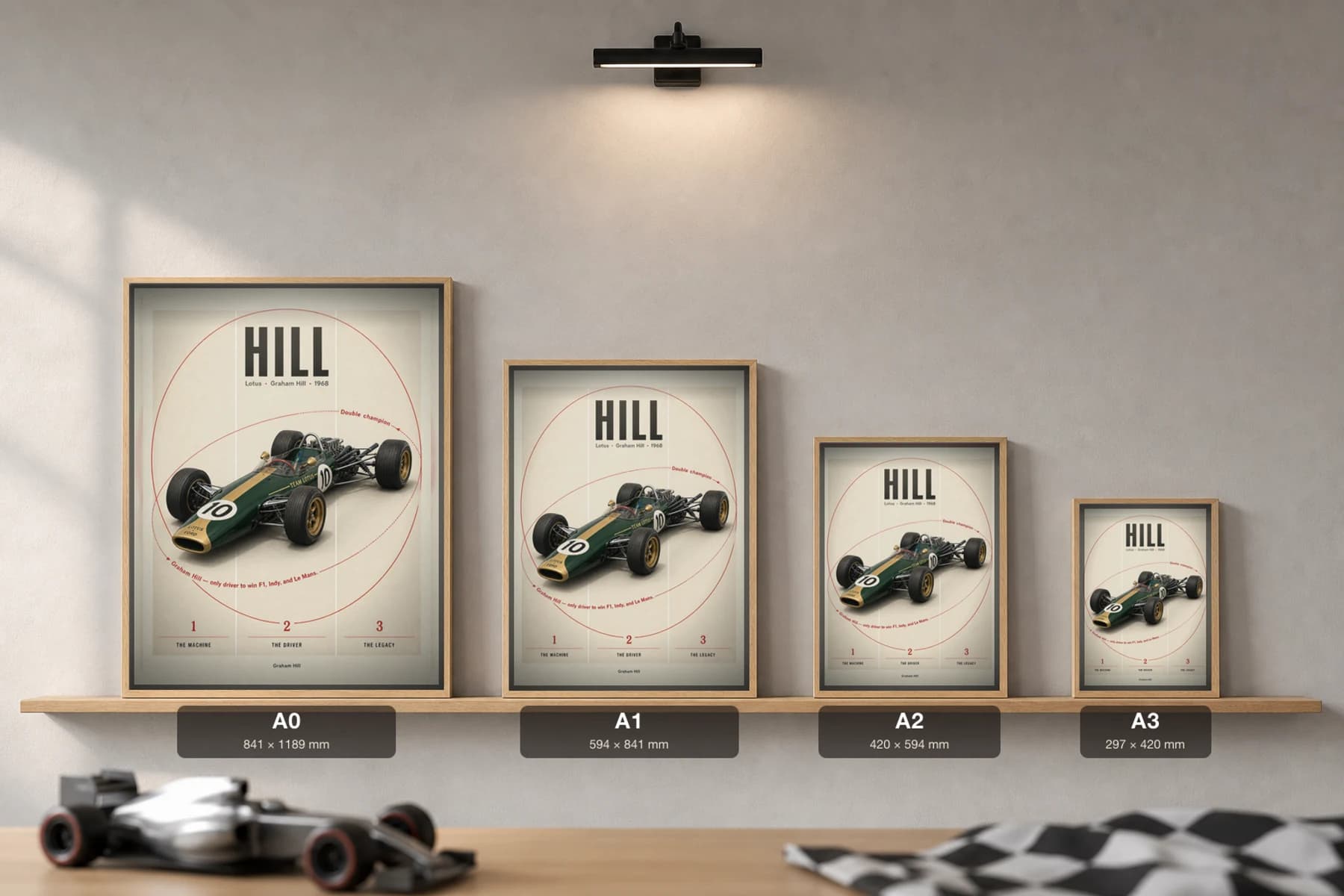 Graham — Graham — classic Hill 68 heritage plate Poster — 68 F1 Grid Editorial Wall Art · framed A2 — print size guide showing the artwork at A0, A1, A2 and A3 in natural-oak frames at true relative scale
