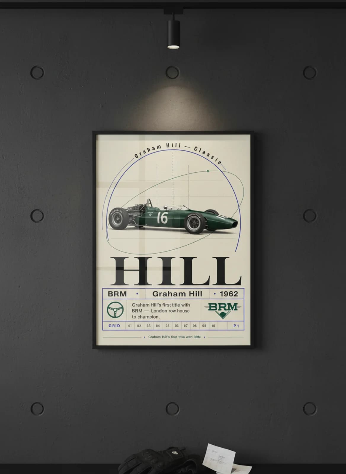 Graham Hill — Classic F1 Grid print in black A2 frame on brm-green editorial-slate wall — Formula 1 media room mockup