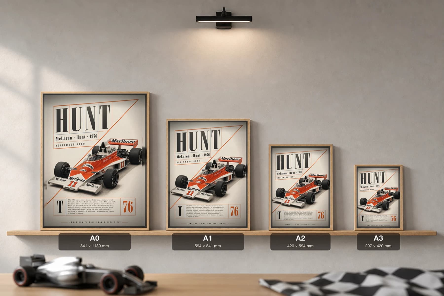 James Hunt — James Hunt — classic McLaren 76 heritage plate Poster — 76 F1 Grid Editorial Wall Art · framed A2 — print size guide showing the artwork at A0, A1, A2 and A3 in natural-oak frames at true relative scale