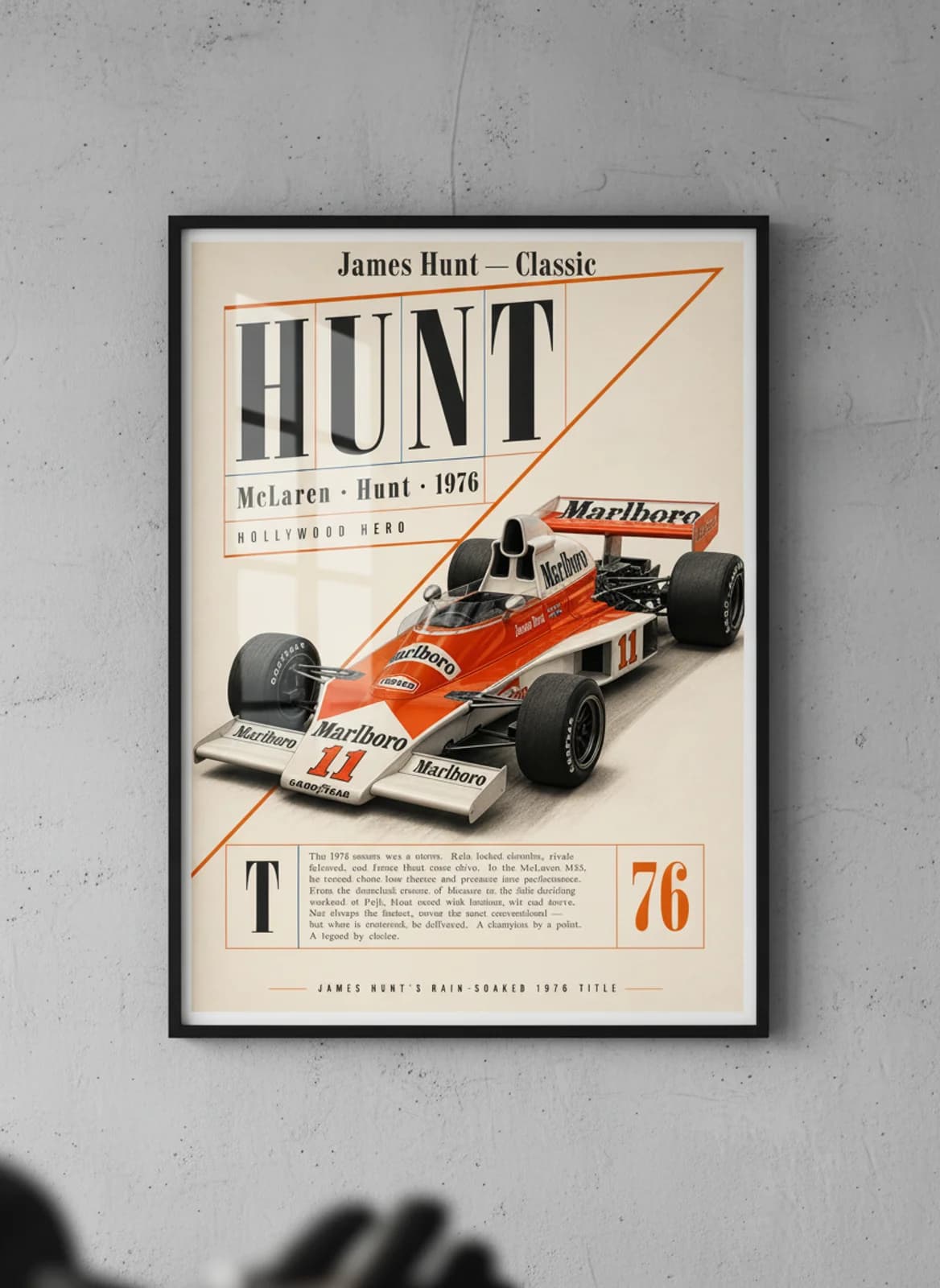 James Hunt — Classic F1 Grid print in black A2 frame on papaya-orange editorial-slate wall — Formula 1 media room mockup