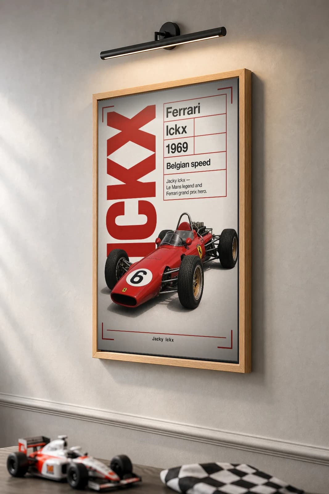 Jacky Ickx — Jacky Ickx — classic Ferrari 69 heritage plate Poster — 69 F1 Grid Editorial Wall Art · framed A2 — the framed print shown at a three-quarter angle on a styled gallery wall in a natural-oak frame