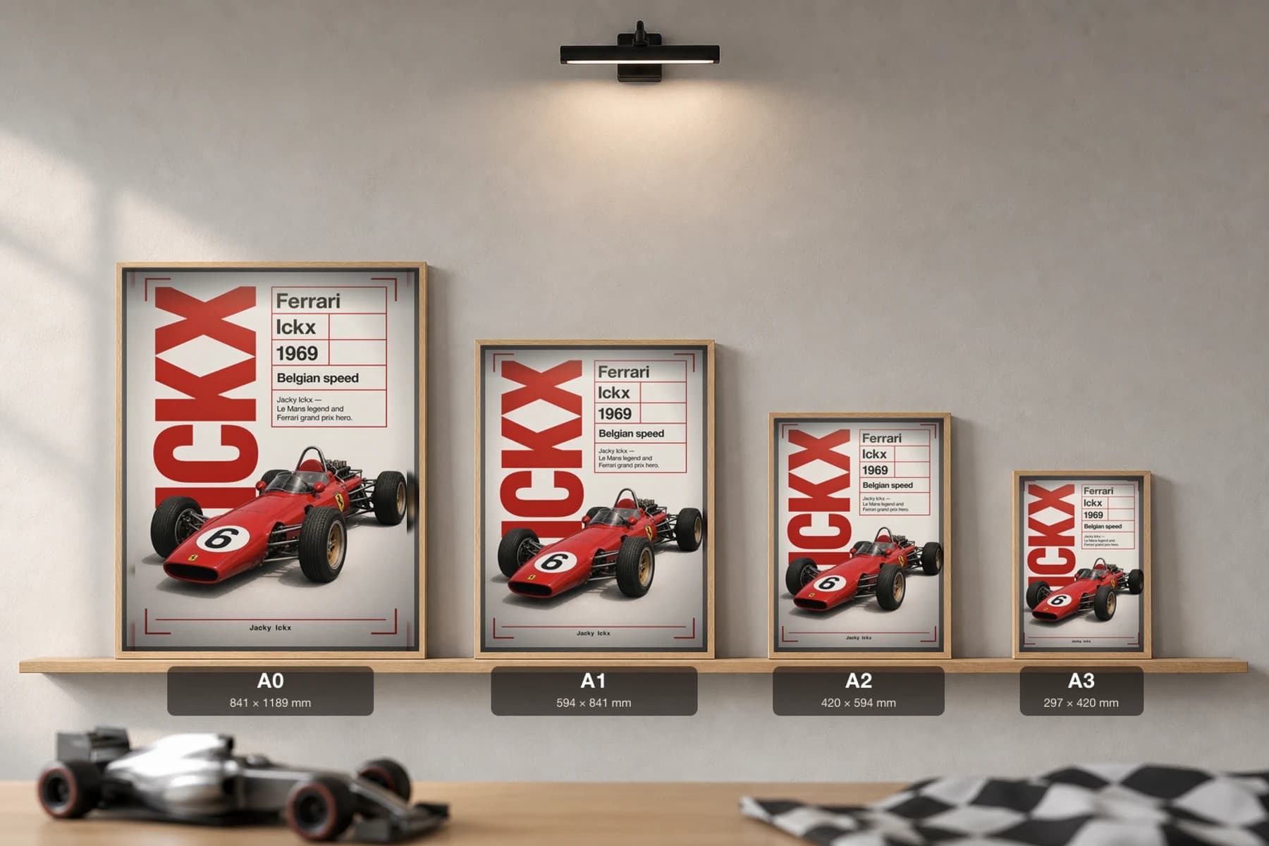 Jacky Ickx — Jacky Ickx — classic Ferrari 69 heritage plate Poster — 69 F1 Grid Editorial Wall Art · framed A2 — print size guide showing the artwork at A0, A1, A2 and A3 in natural-oak frames at true relative scale