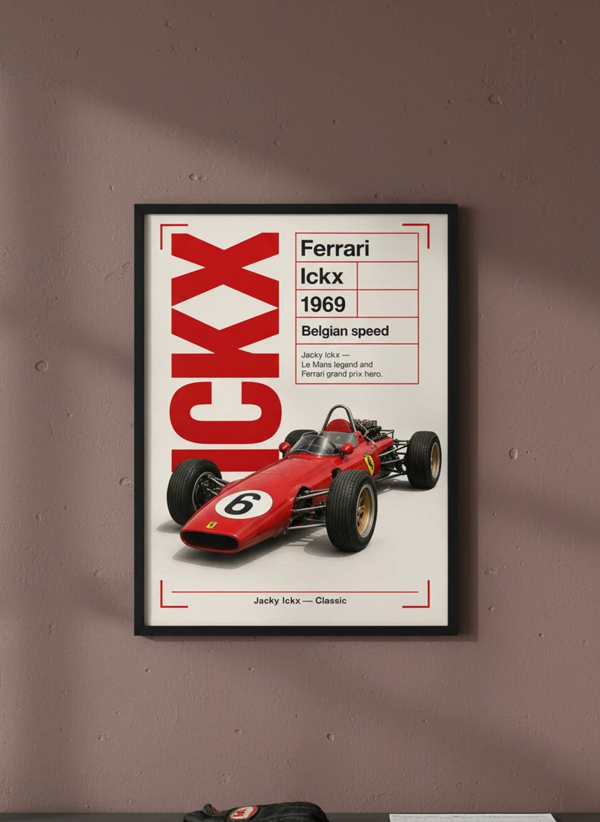 Jacky Ickx — Classic F1 Grid print in black A2 frame on rosso-corsa editorial-slate wall — Formula 1 media room mockup