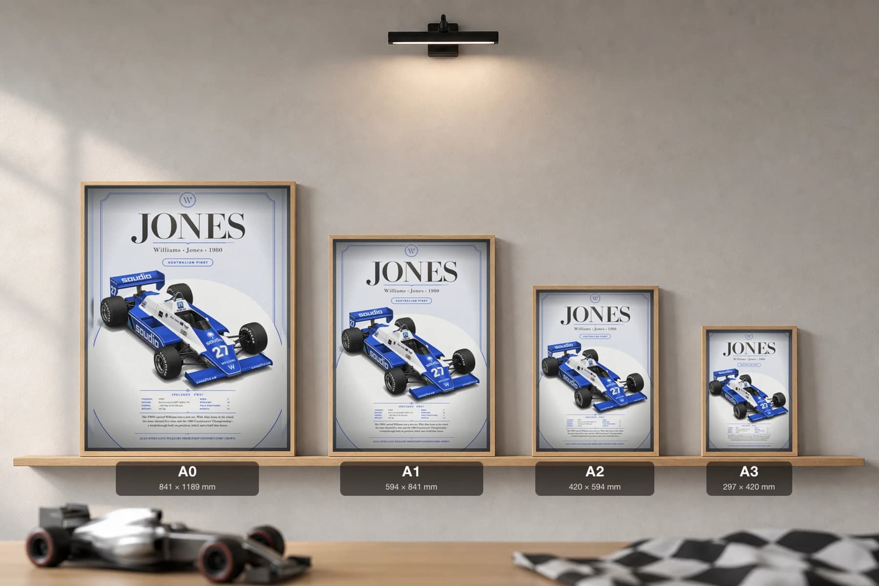 Alan Jones — Alan Jones — classic Williams Racing 80 heritage plate Poster — 80 F1 Grid Editorial Wall Art · framed A2 — print size guide showing the artwork at A0, A1, A2 and A3 in natural-oak frames at true relative scale