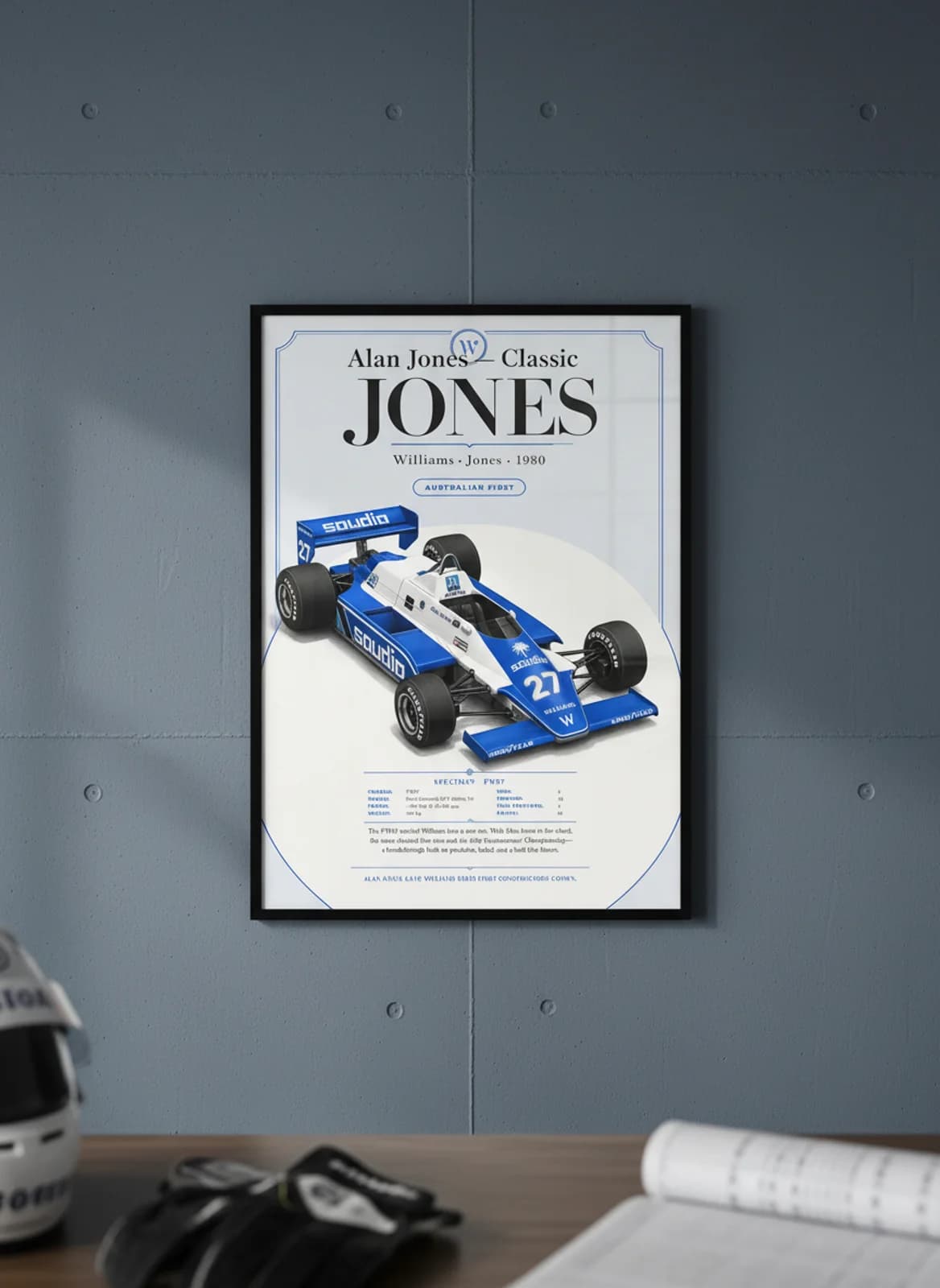 Alan Jones — Classic F1 Grid print in black A2 frame on williams-blue editorial-slate wall — Formula 1 media room mockup