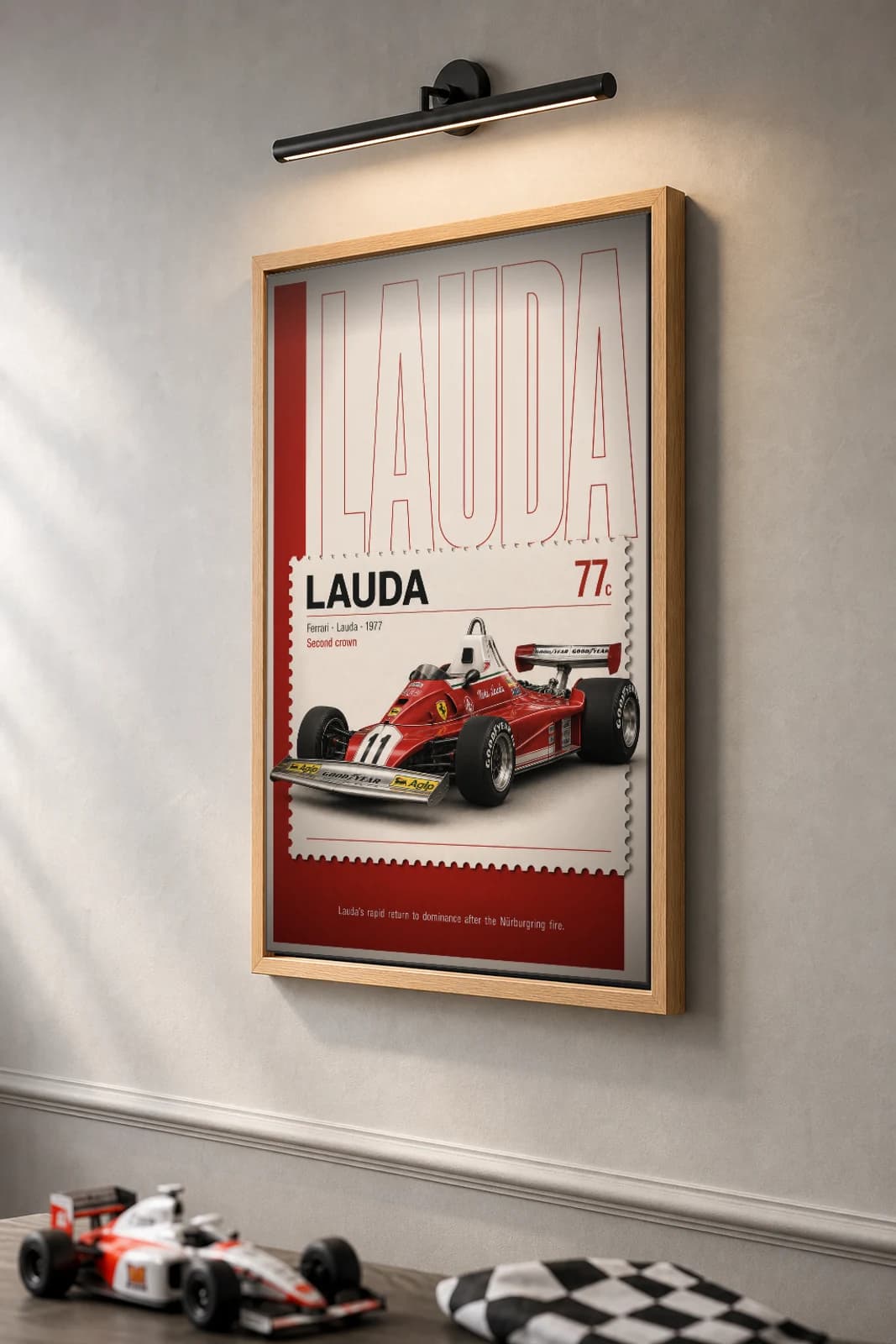 Niki Lauda — Niki Lauda — classic Ferrari 77 heritage plate Poster — 77 F1 Grid Editorial Wall Art · framed A2 — the framed print shown at a three-quarter angle on a styled gallery wall in a natural-oak frame