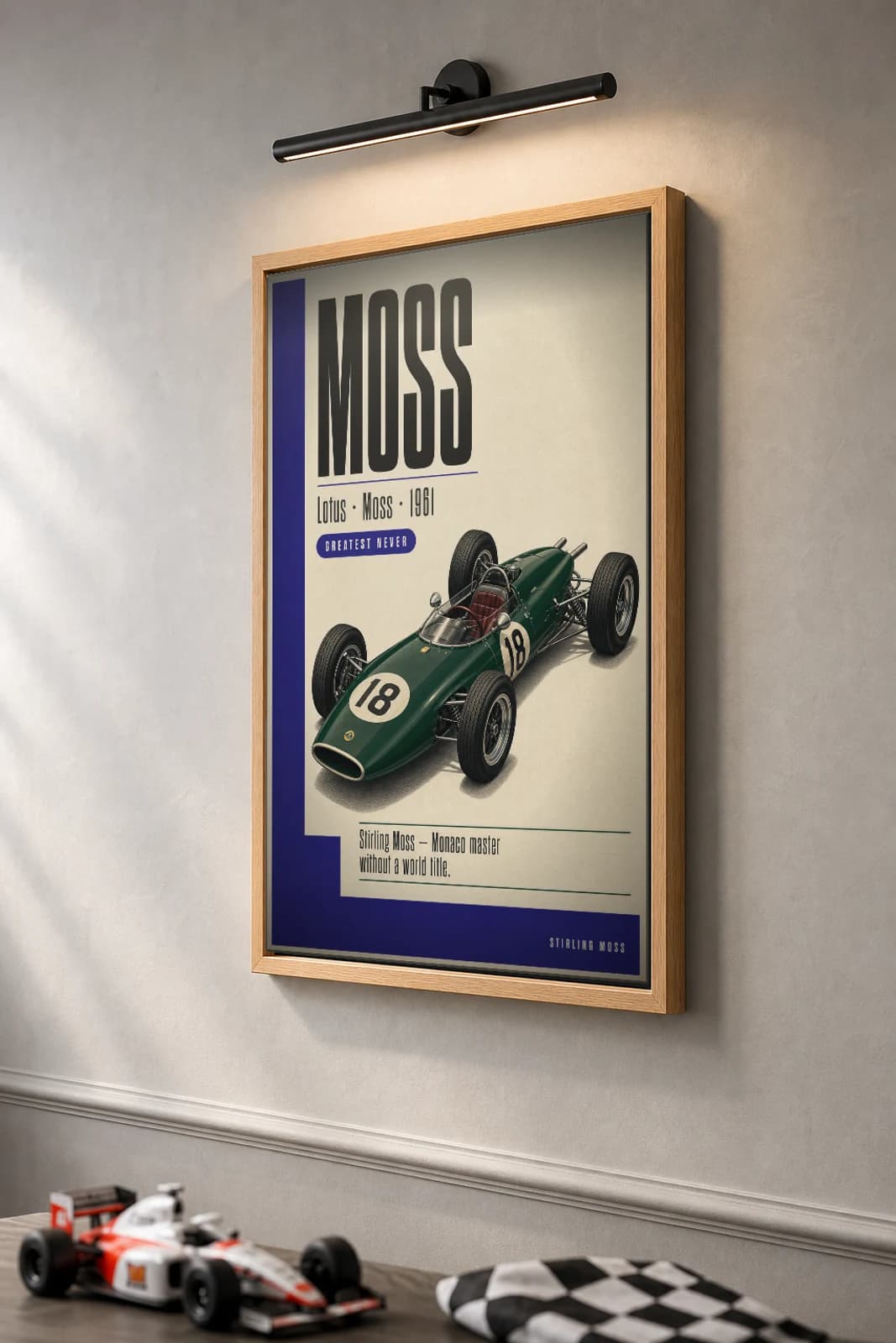 Stirling Moss — Stirling Moss — classic Lotus 61 heritage plate Poster — 61 F1 Grid Editorial Wall Art · framed A2 — the framed print shown at a three-quarter angle on a styled gallery wall in a natural-oak frame