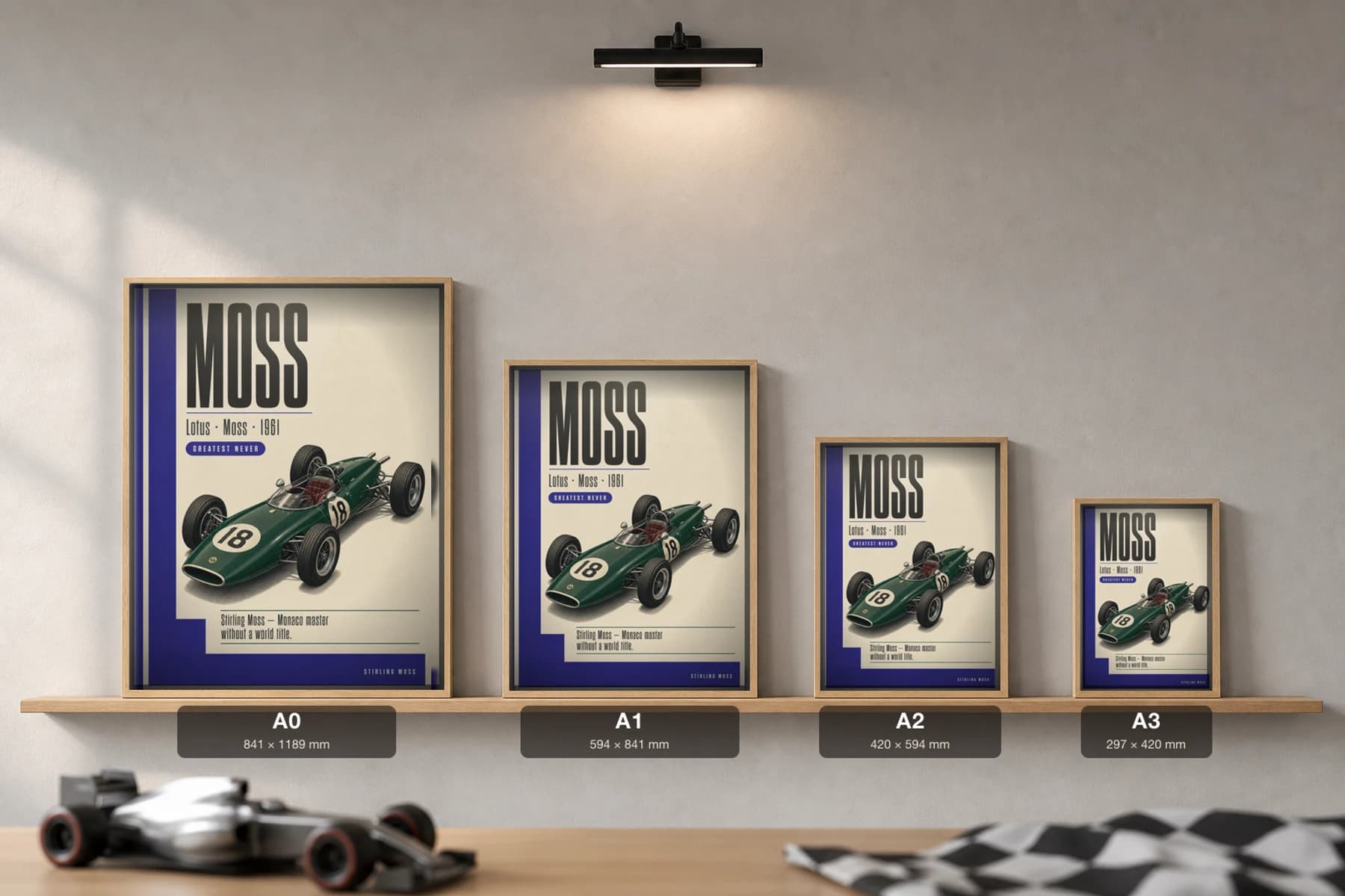 Stirling Moss — Stirling Moss — classic Lotus 61 heritage plate Poster — 61 F1 Grid Editorial Wall Art · framed A2 — print size guide showing the artwork at A0, A1, A2 and A3 in natural-oak frames at true relative scale