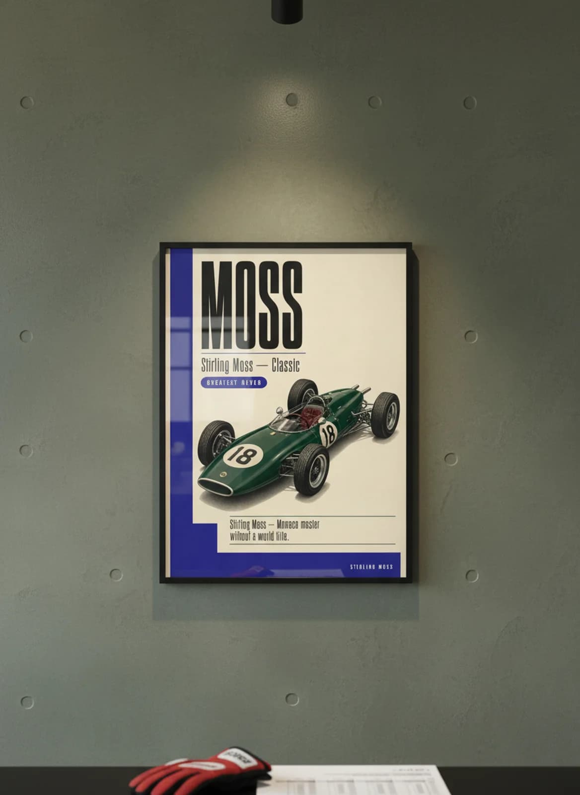 Stirling Moss — Classic F1 Grid print in black A2 frame on lotus-green-gold editorial-slate wall — Formula 1 media room mockup