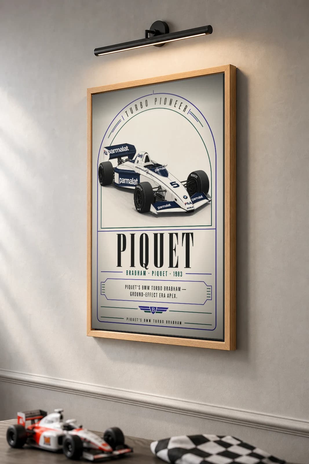 Nelson Piquet — Nelson Piquet — classic Brabham 83 heritage plate Poster — 83 F1 Grid Editorial Wall Art · framed A2 — the framed print shown at a three-quarter angle on a styled gallery wall in a natural-oak frame
