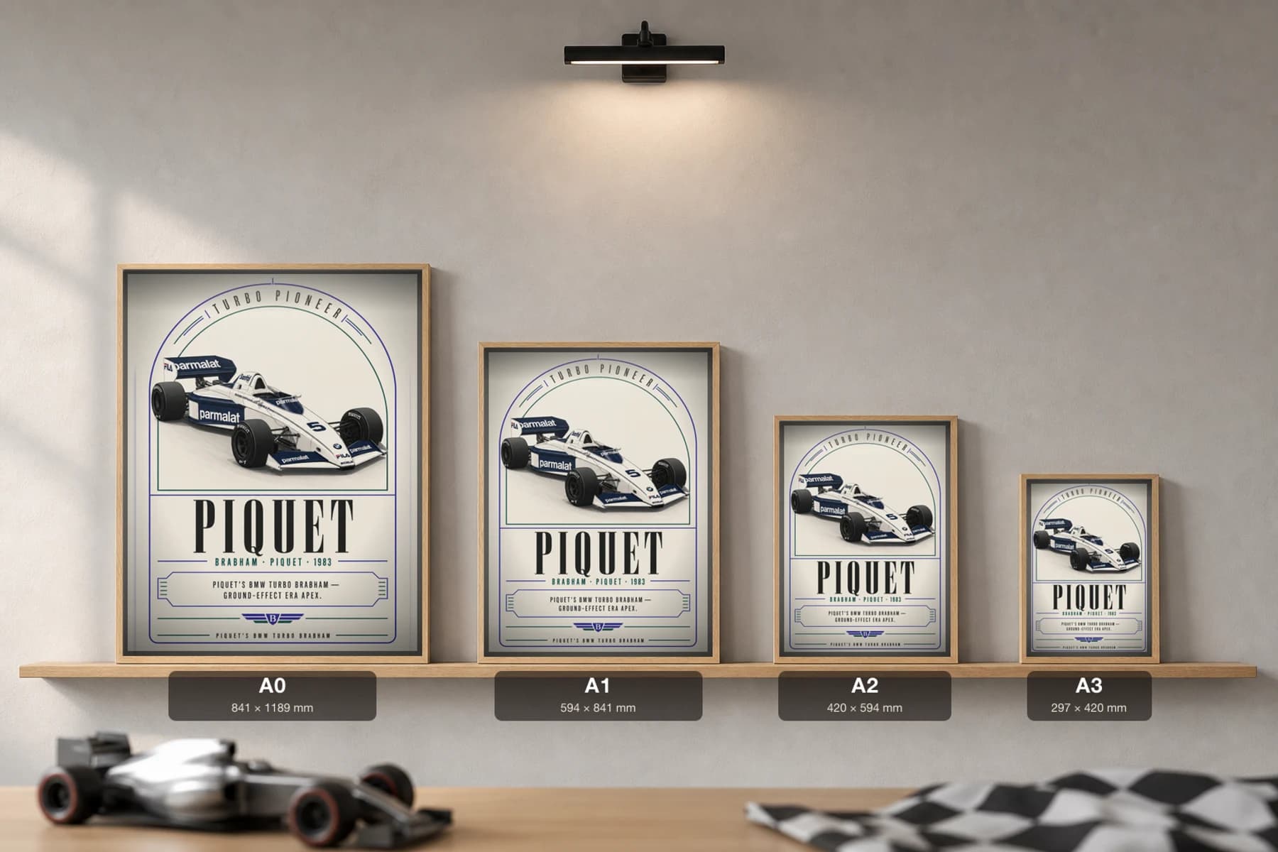 Nelson Piquet — Nelson Piquet — classic Brabham 83 heritage plate Poster — 83 F1 Grid Editorial Wall Art · framed A2 — print size guide showing the artwork at A0, A1, A2 and A3 in natural-oak frames at true relative scale